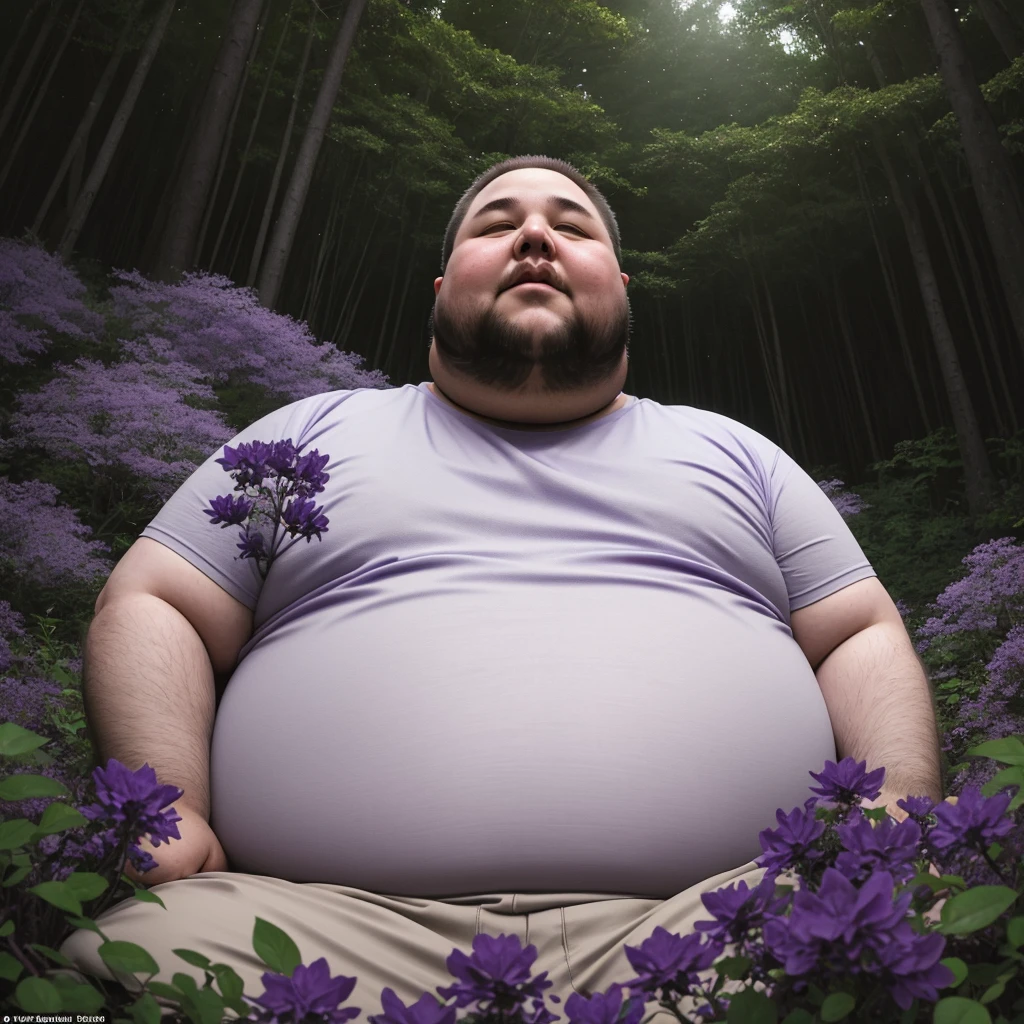 close-up view: very fat man in his forties, sleeps alone in the night forest in a clearing with purple flowers