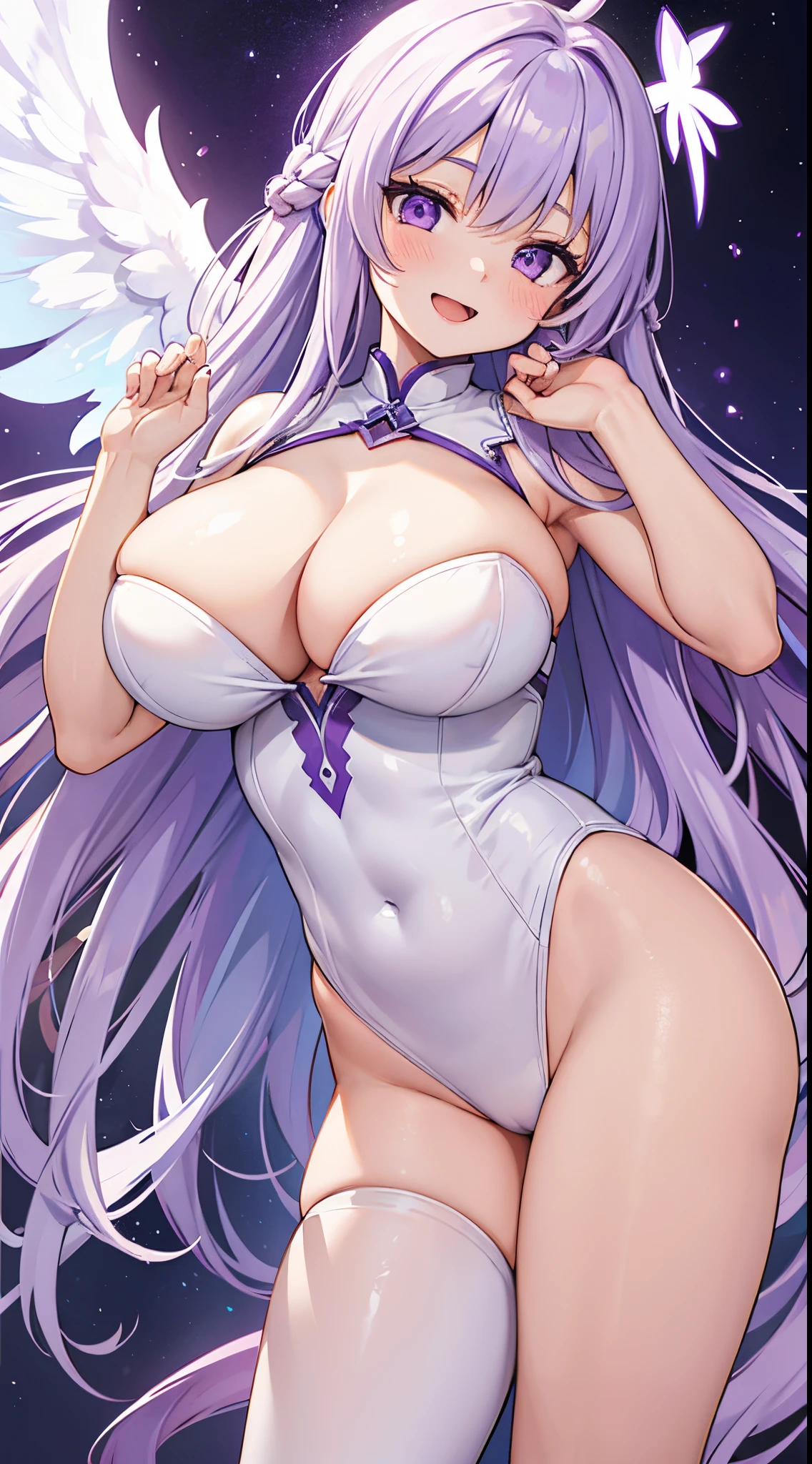 1 girl, game cg, white leotard, cleavage visible, angel halo, gigantic breasts, light purple hair, long hair, french braid, purple eyes, folded hands, smile, open mouth, tilt head,