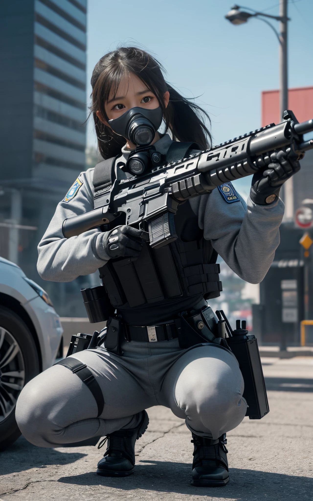 ((best quality, (masterpiece), photorealistic, photorealism, Photorealistic, high resolution)), 1girl full body, aiming with an assault rifle, another girl squatting behind, Combat pose, a bit chubby, (Detailed face), (wearing rash-guard likes police uniform, gloves, black and grey mecha, wearing futuristic-gasmask, military harness, holding a machinegun, carrying hich-tech-launcher), background grey, Fingers are occluded