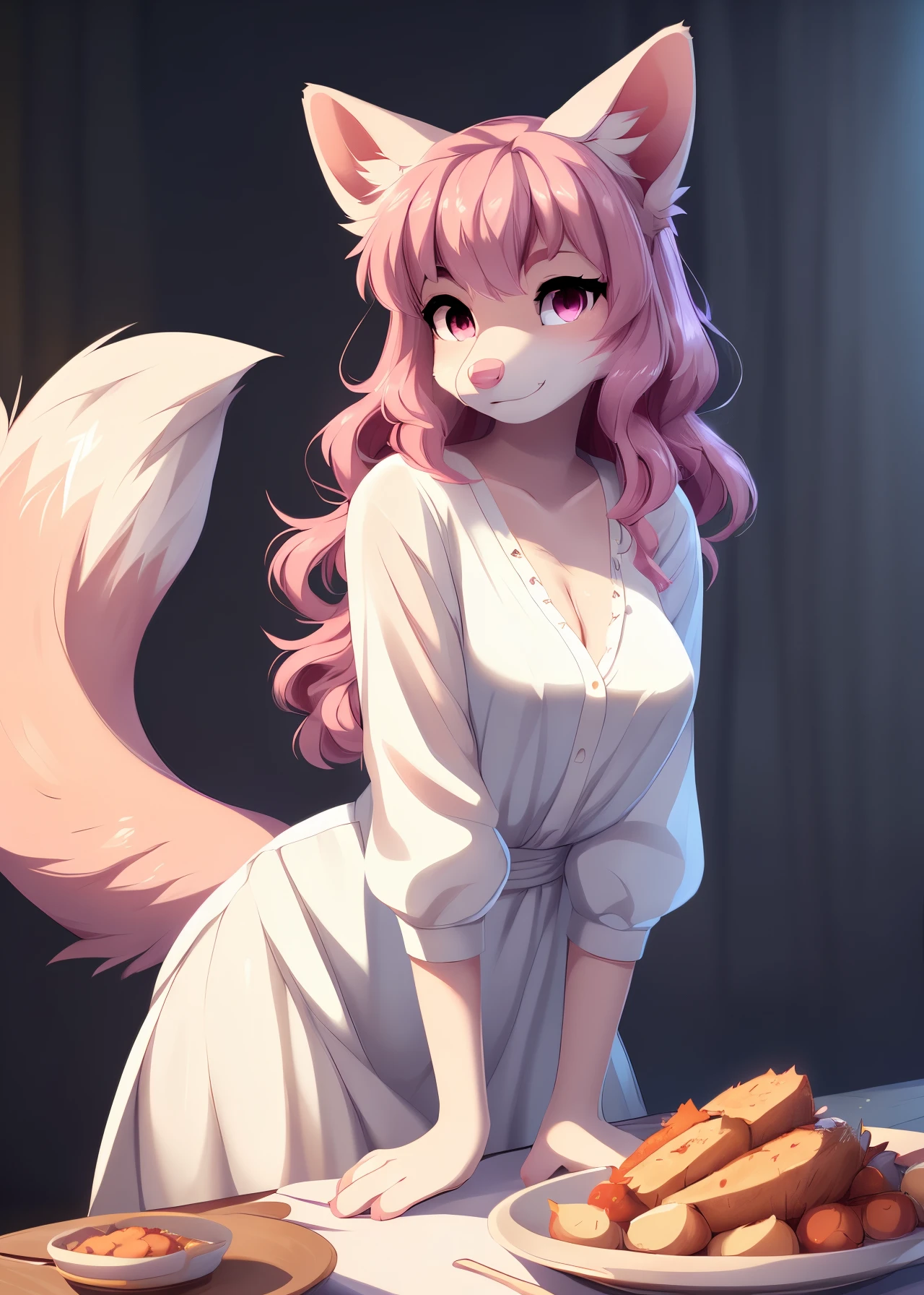 uploaded on e621, (by Studio Ghibli, by Kemokin Mania, by Reysi, by Mewgle, by Trevart:1.25),
solo ((Athena, pink domestic dog, detailed eyes, white sclera, pink curly hair, pink nose, pointy dog ears)), table of roasted turkey, thanksgiving turkey dinner in front of her, delicious looking turkey, 
(She is wearing a white blouse, looking at viewer)
masterpiece, best quality, 4k, 2k, shaded, (unreal engine:1.25), absurd res