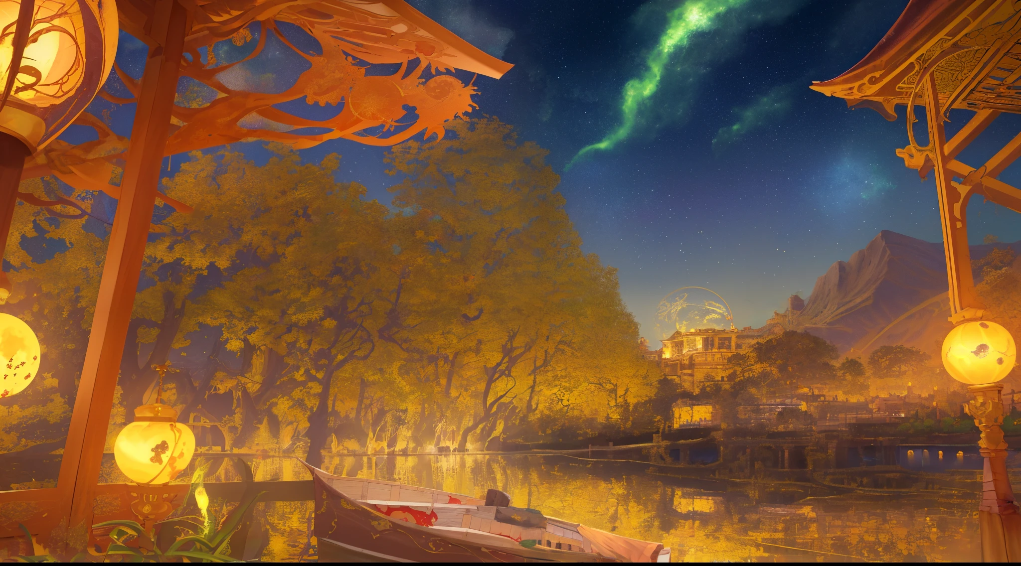 Very detailed 8k wallpaper、(high-detail:1.1)、(​masterpiece:1.1)、[animesque:Impasto:0.5]、with an intricate、Fantasia、(1 boat)、(Mare:1.2)、[golden boat:golden boat with (Green Flame:1.2): 0.1]、A clear sky、the wind、Beautiful sky、（nigh sky）、（intergalactic）、（huge blood moon behind）sports ground:1.05),