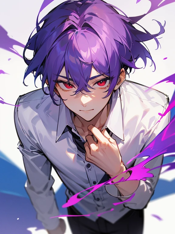Ultra Detail,Haig Quality,sketch,1boy,matured male,Beautiful face,Purple hair,Handsome men,Pearl skin,White shirt,Red Eyes,Like a cat's eye,Male ager,god's generation、Project Sekai、Smiling、Draw the body from head to waist、Standing、Facing straight ahead、frontage