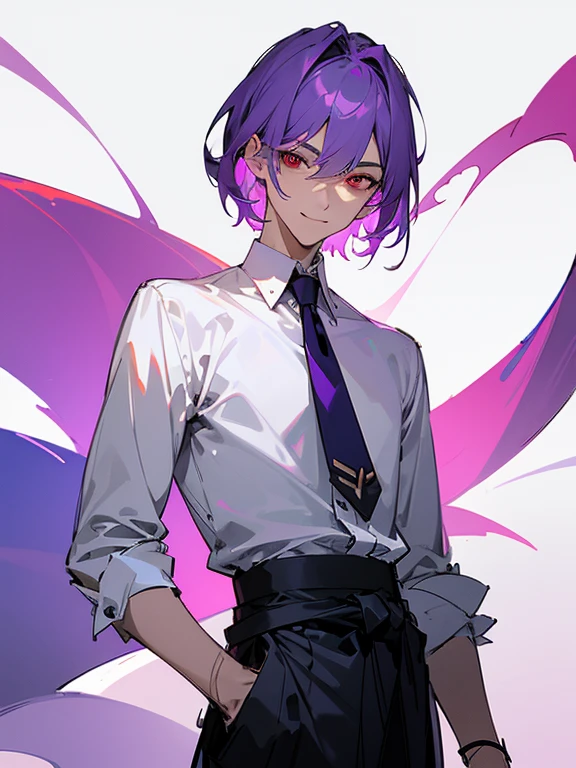 Ultra Detail,Haig Quality,sketch,1boy,matured male,Beautiful face,Purple hair,Handsome men,Pearl skin,White shirt,Red Eyes,Like a cat's eye,Male ager,god's generation、Project Sekai、a smile、Laughing、Draw the body from head to chest、Standing、Facing straight ahead、