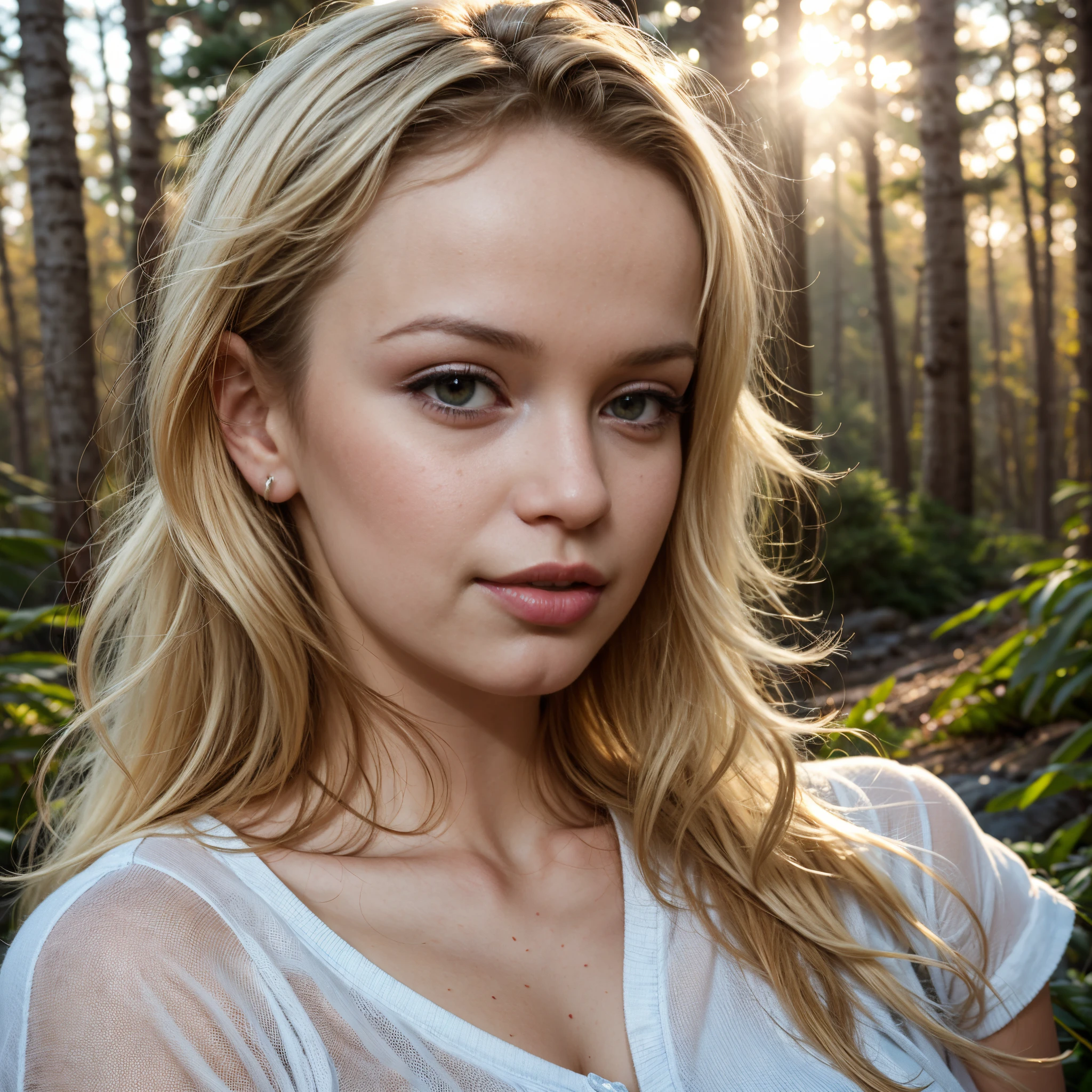 closeup portrait, cute smile, blonde hair, parted lips, lips, casual dress, looking at viewer, forest background, sunset lights, realistic