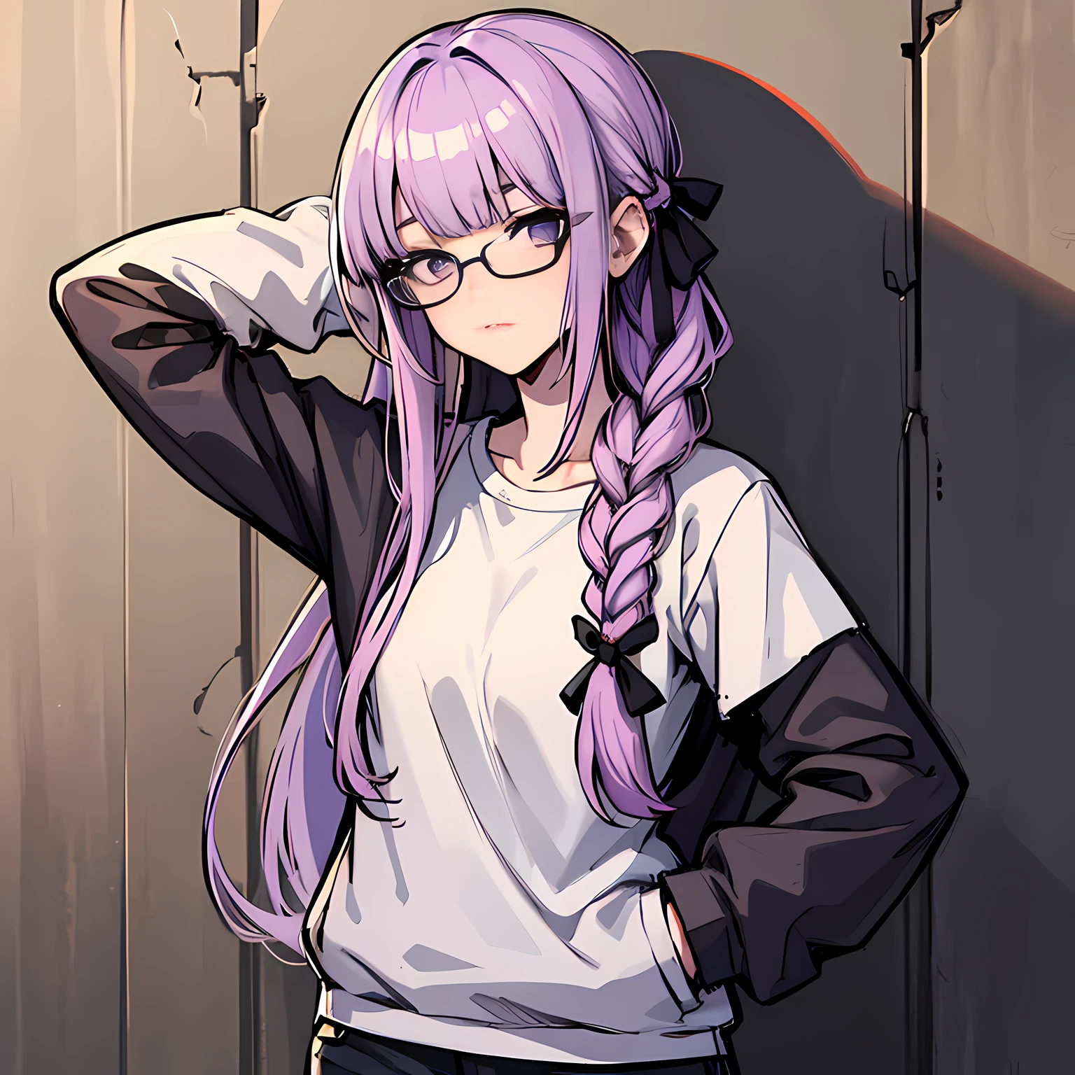 (absurdres, 8k, 4k, masterpiece, hyper extreme detailed:1.2), solo, front view portrait, best quality, portrait, solo, adult, cowboyshot, perfect anatomy, 1girl, perfect face, expressive eyes, perfect eyes, t-shirt, standing up, standing against wall, standing, kyoko kirigiri, (braid:1.1), hair behind ear, long hair, (side braid:1.1), light purple hair, hair ribbon, ribbon, (purple eyes:1.1), sweater, casualwear, black mask, glasses half body, dynamic pose, forward view, looking at viewer, stoic, uninterested, medium bust, hands in pockets, aakyoko, long hair, purple hair, side braid, blunt bangs, hair ribbon, black ribbon