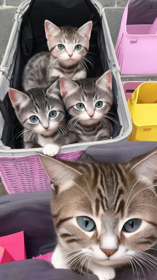 Gatitos lindos, 4k, realista, mercado, bolsa de compras, gato cargando con las patas, alta calidad
