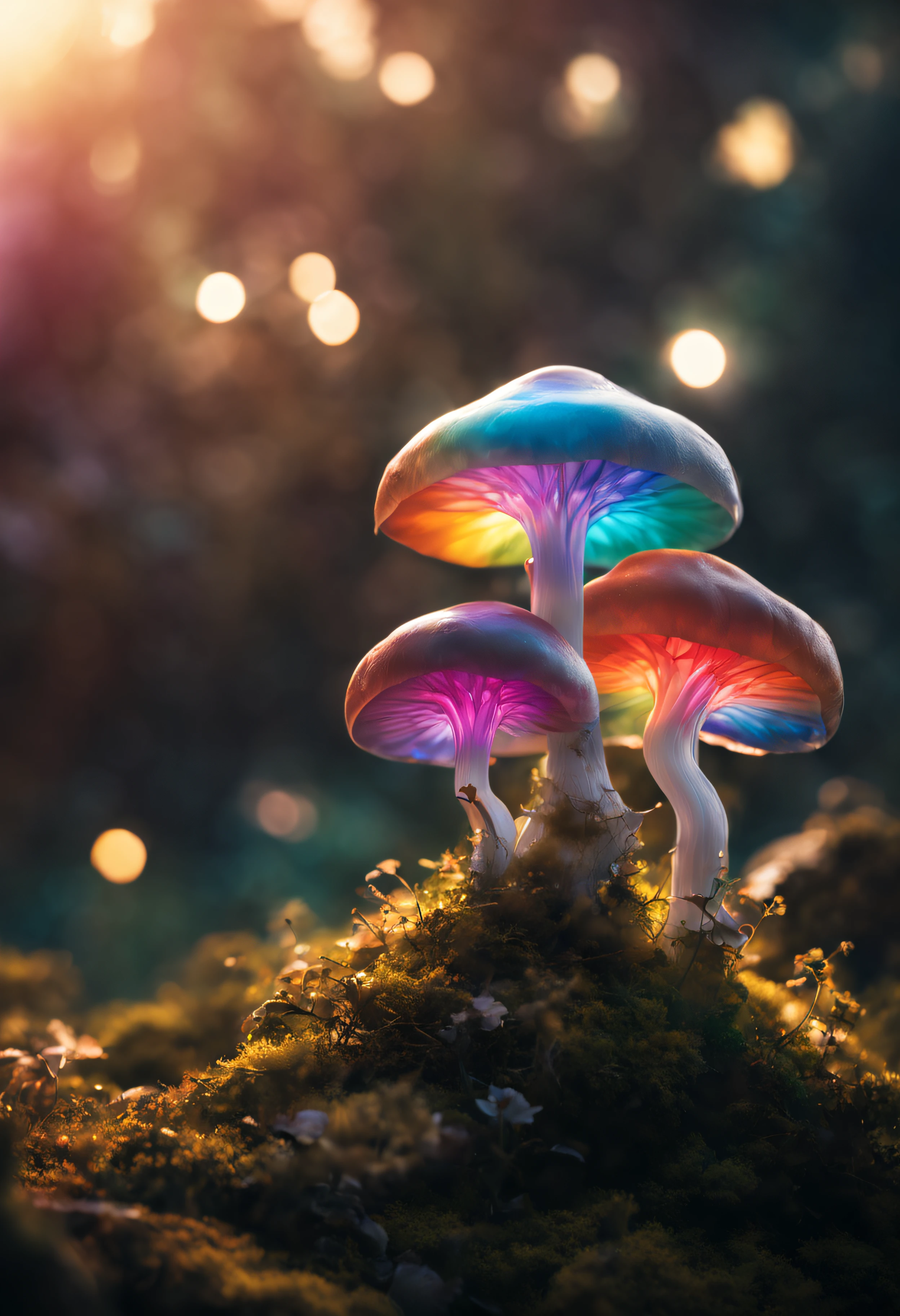 The main mushroom is made of glass、、(((The glass mushroom is filled with rainbow-colored smoke.)))、Mesmerizing surreal movie stills of Alice in Wonderland,、 magical dreamland bokeh background, A fascinating and eerie fantasy world, Illuminates dark shooting scenes with fantastic light。, Otherworldly elements of a familiar story, ether wonderland, mystic atmosphere, Dark magic and dark fantasy realism aesthetics, translucent bioluminescent material、Otherworldly luminescence、((Born in another world、A strangely shaped poisonous mushroom that emits bewitching smoke..,)) Ultra-realistic, (Voronoi pattern, depth of fields, (swirly bokeh:1.275), (Kodak Portra 400:0.875) :1.15), (Realistic and complex futuristic background,), (Turbulent Toxic Vapor:1.2, Magnificent surrealism, iridescent lighting, low key light:1.1), Notable masterpieces, celestial, Ethereal, epicd, Magical Light Flare, Natural, soft dreamy lighting, ((Warm Yellow and Deep Carbon:0.7), (Cinematic Look:1.15):1.15)