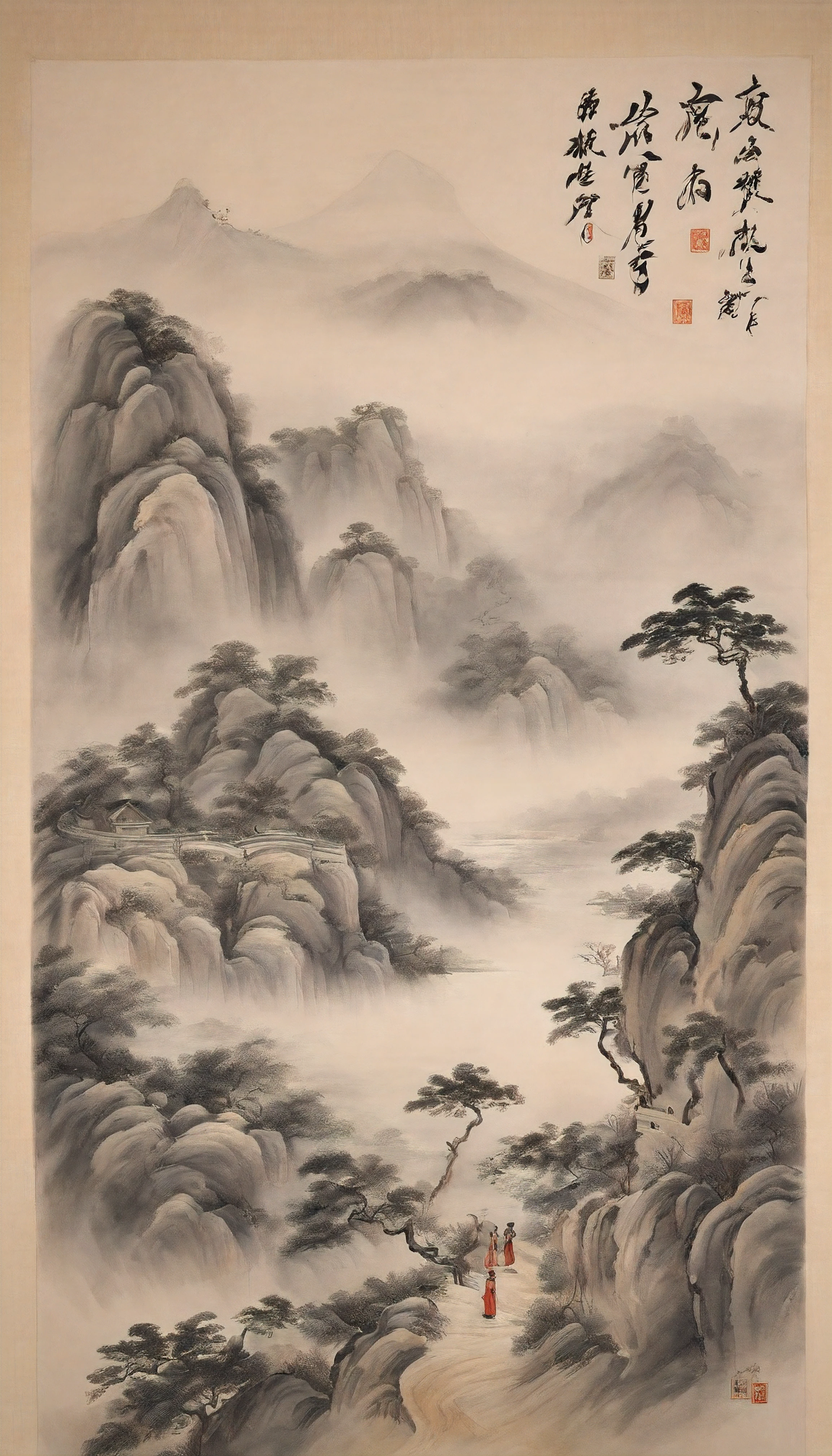 Chinese figure landscape painting，Ink painting and watercolor，larger ancient figures，The scholar，Lao Tzu，disciple，ink，Faraway view，Ultra-wide viewing angle，meticuloso，low saturation in distant view，low-contrast，Beautifully depicted，Acura，Works of masters，tmasterpiece