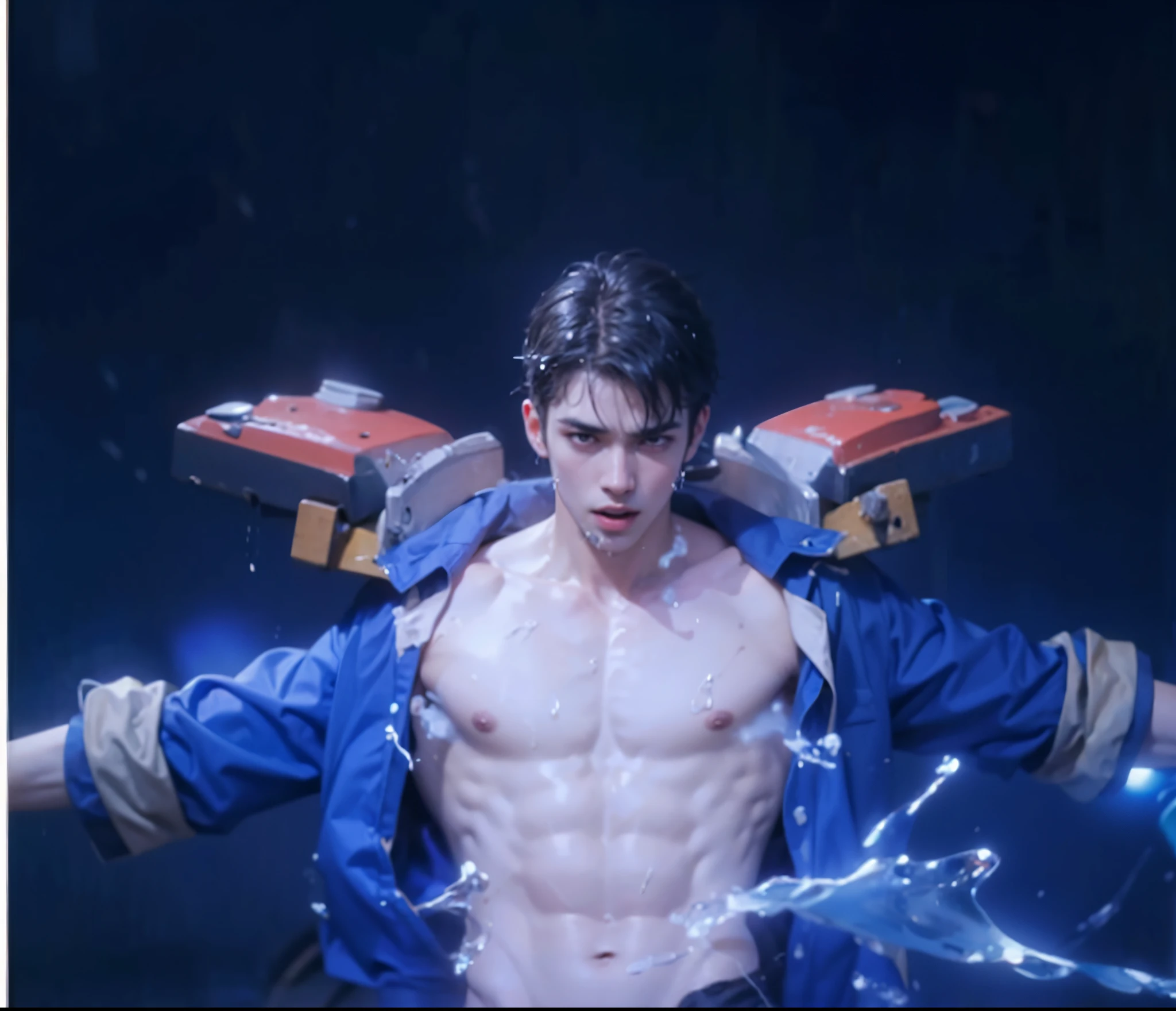 (max resolution: 1.2), (Ultra HDTV: 1.2), 8K resolution, Eye and skin details, detailed facial features, , (Sharp focus: 1, 2), ( Accurate focus) facial expressions: 1,2), 1 boy standing, 20-25 years old, (Black hair ), (Shirtless), Shirtless, Perfect muscles, 8 pack, (light sweat, white fluid, splashing all over the body), (Black briefs), Blue sky, Tree mortar, Transplant, ((Little drops of water on 8-pack abs)), (((water, water))), splashed all over his face, splashed all over his abs, splashed all over his body, his face turned red from embarrassment. ((There is a faint word SelenaAI in the corner of the photo)),Blue sky, white clouds, light sunshine, beach background