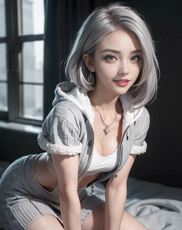 "A girl in an office is squatting and staring straight ahead, Naked nude, Blue-gray hair and toned abs. The legs are spread out in an M-shape. white jacket" realism, 真实感, Perfect human body proportions
