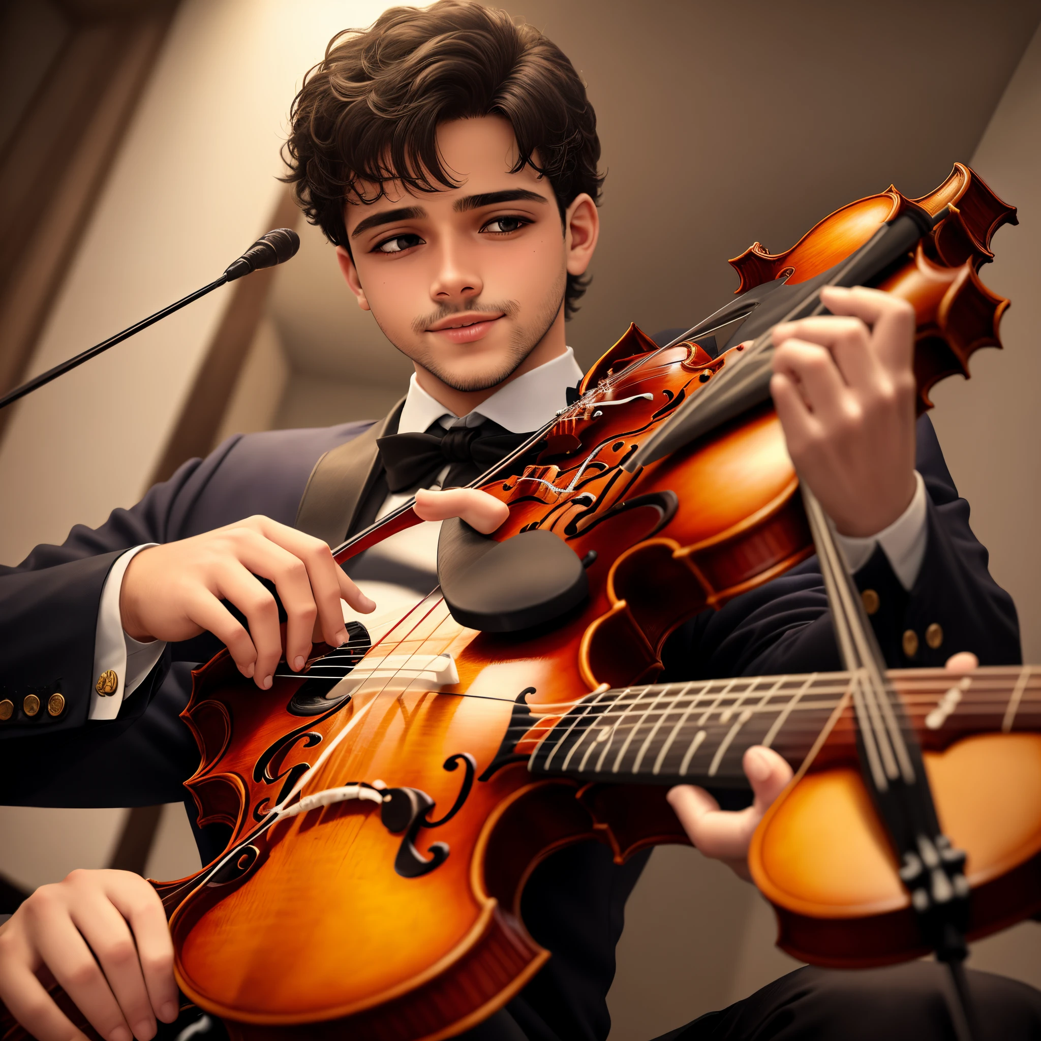 Menino de terno preto tocando violino