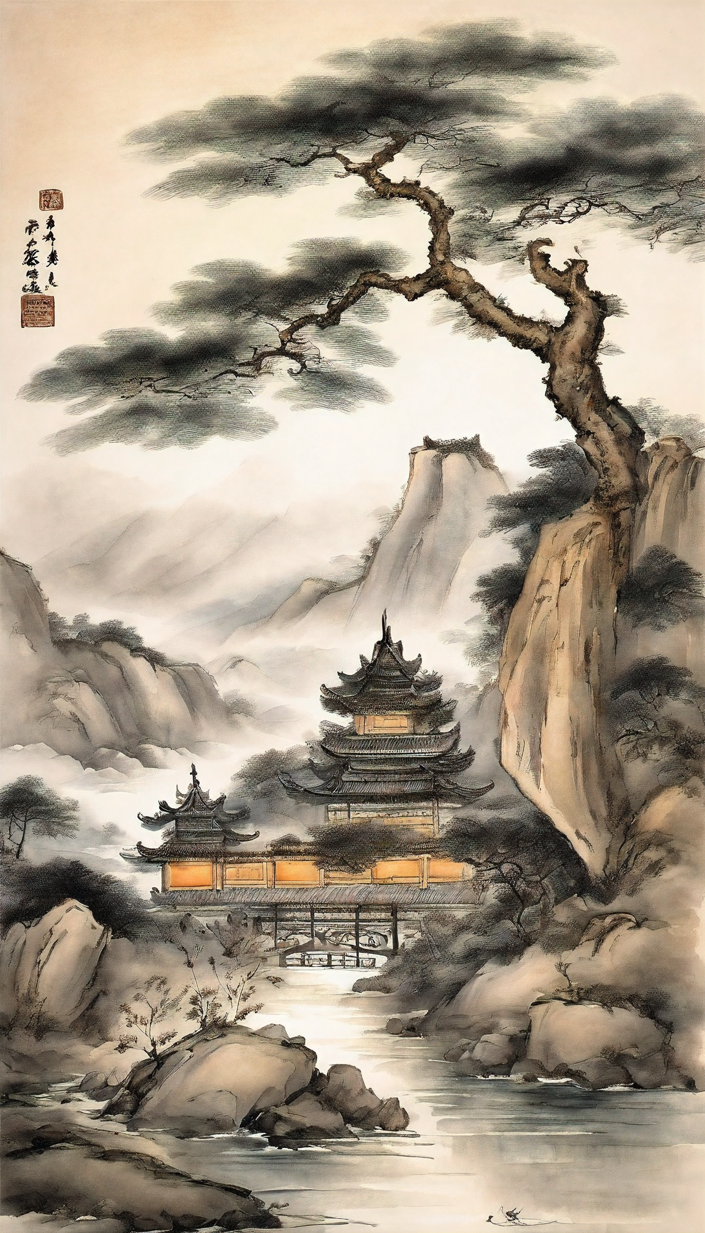 Chinese figure landscape painting,Ink painting and watercolor,larger ancient figures,The scholar,Lao Tzu,disciple,ink,Faraway view,Ultra-wide viewing angle,meticuloso,low saturation in distant view,low-contrast,Beautifully depicted,Acura,Works of masters,tmasterpiece