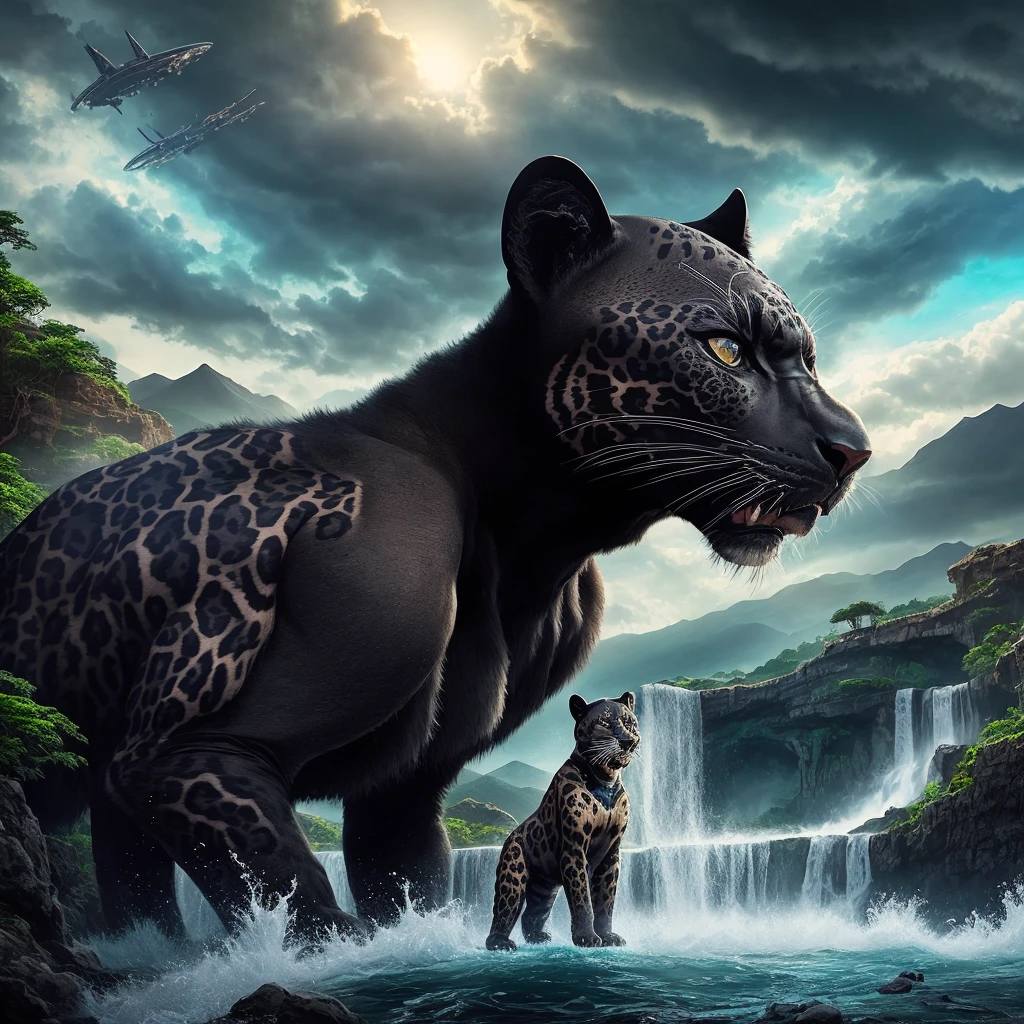 wakanda landscape,waterfallr,Fantasy Sky,Alien technology,cool black leopard
