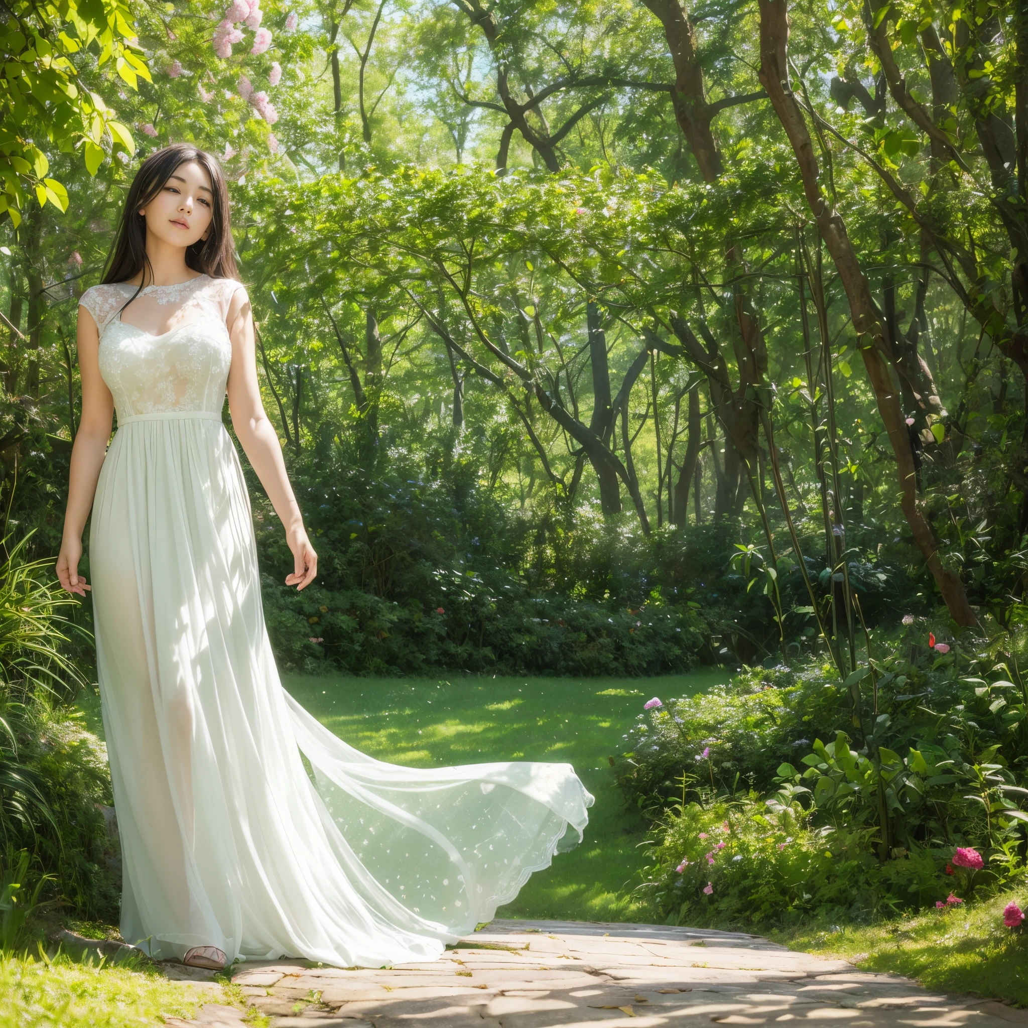 (Best quality at best,4K,8K,A high resolution,tmasterpiece:1.2),ultra - detailed,(actual,realisticlying,Photorealistic:1.37),A girl is in the garden,美丽细致的眼睛,beautiful detailed lips,Extremely detailed eyes and face,Long eyelashes,natural soft light,soft sun light, vivd colour,Lush greenery,Colorful flowers,butterflys,A flowing dress,gently swaying in the breeze,with a calm expression,blissful,Peaceful atmosphere,Moments of happiness,subtle smiling,Graceful and elegant figure,Romantic atmosphere,Sparkling dewdrops on leaves and petals,The soft sound of the rustling of leaves,Nature whispers in the background,Whimsical and dreamlike images,sportrait,harmonious color palette,ethereal lighting,Sublime aesthetics