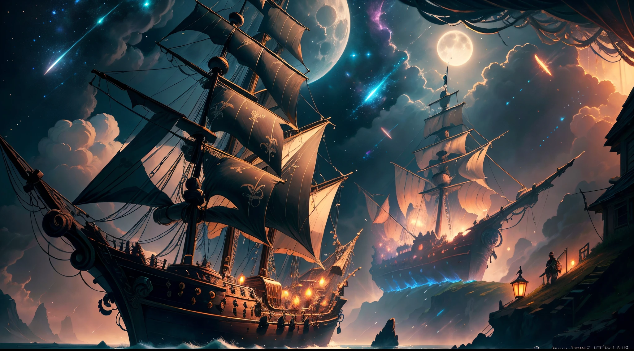A painting of a flying pirate ship surrounded by small fairies, meteor shower, Clouds, fullmoon, stars on background, Fantasy, Highly detailed digital art in 4K, High quality detail art in 8K, in style of cyril rolando, detailed fantasy digital art, epic fantasy science fiction illustration, amazing wallpapers, inspired by Gaston Bussiere
