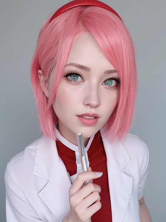 young woman, pale skin, short bubblegum pink hair, jade green eyes, red lips, red clothes, Sakura Haruno, realism, 3d
