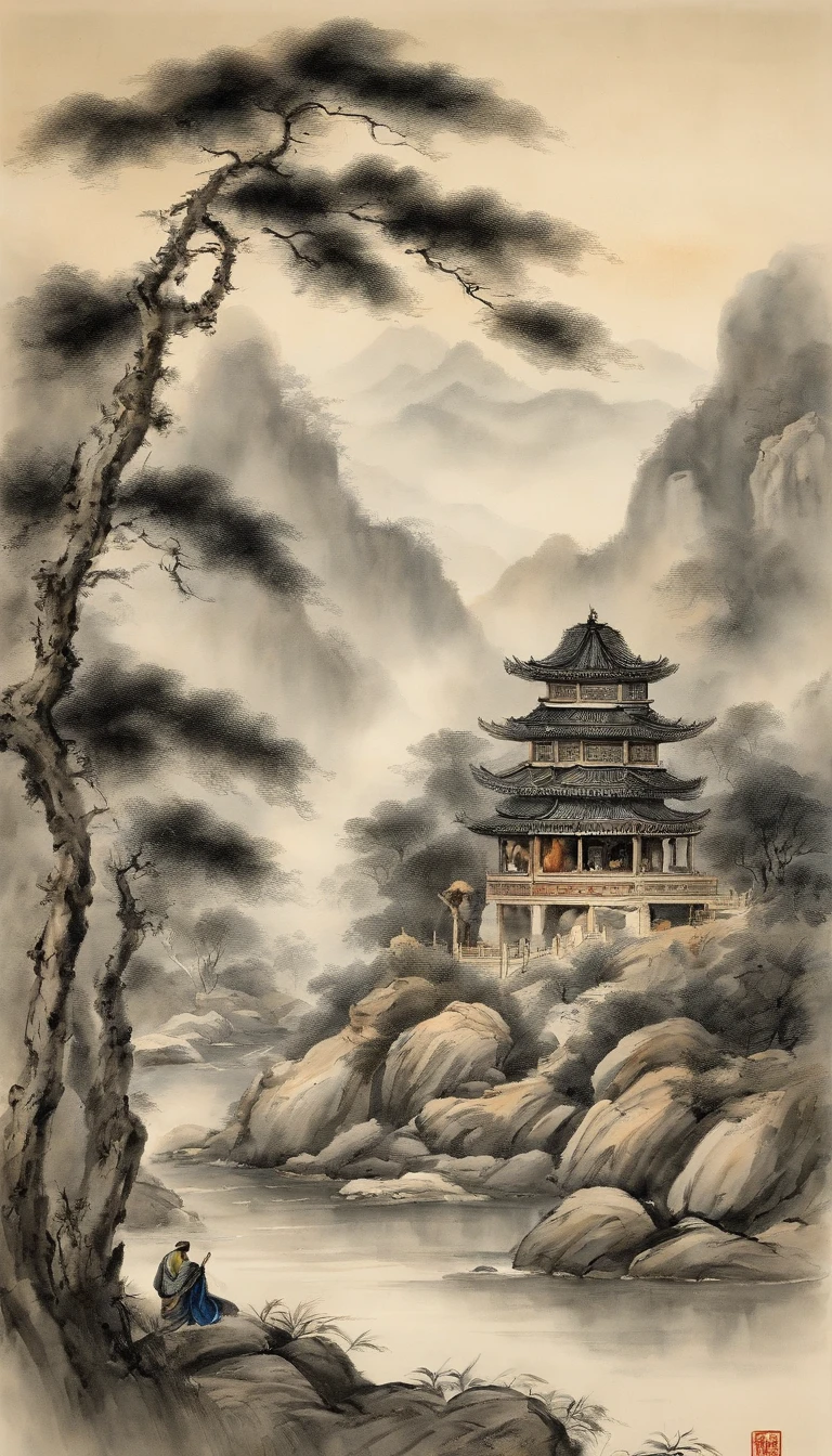 Best quality, Ultra-fine details, high resolution, Masterpiece:1.2, Immerse yourself in the beautiful landscape, Impeccable brushstrokes, Impressive ink, Adopt a wide-angle viewing angle, Breath-taking mountain views, Deep and majestic atmosphere, Beautifully depicted ships sailing through the mountains, Detailed depiction of the ship and its surroundings, Traditional Chinese art, Expresses the tranquility and harmony of nature, Subtle tonal changes, Soft color palette, Gentle and warm atmosphere, Presented at a prestigious exhibition - a Chinese ink landscape painting，The composition is stunning，Emotional depth，Capture the tranquility in the mountains. Textured brushstrokes and tonal variations are very detailed, Reveal the complexity of the ship and the beauty of the surrounding landscape. Traditional Chinese art styles create an atmosphere of tranquility and harmony，Immerse viewers in natural wonders. This masterpiece is of the highest quality, Features ultra-fine detail and high-resolution images, Make it an impressive and breathtaking work of art，It perfectly captures the essence of Chinese ink landscape painting.