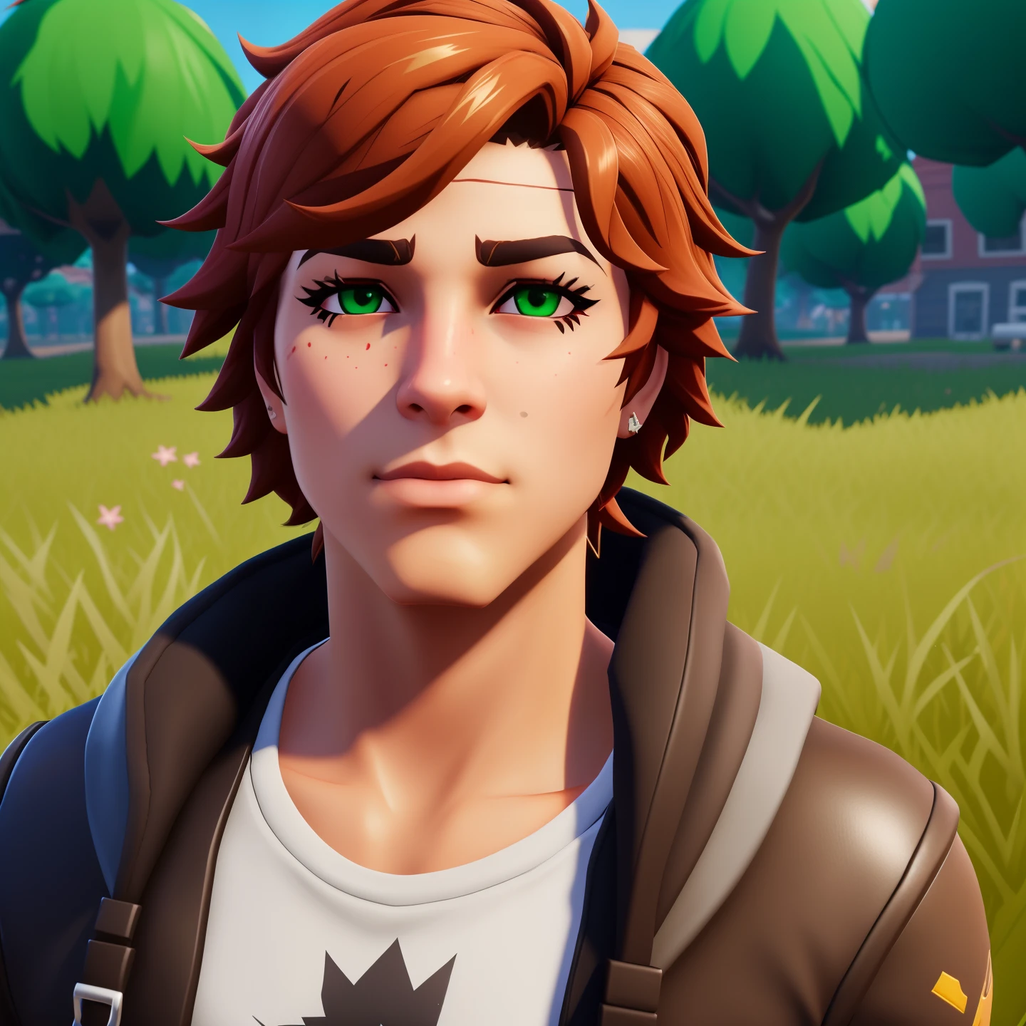 Fortnite skin man with red curly hair and green eyes