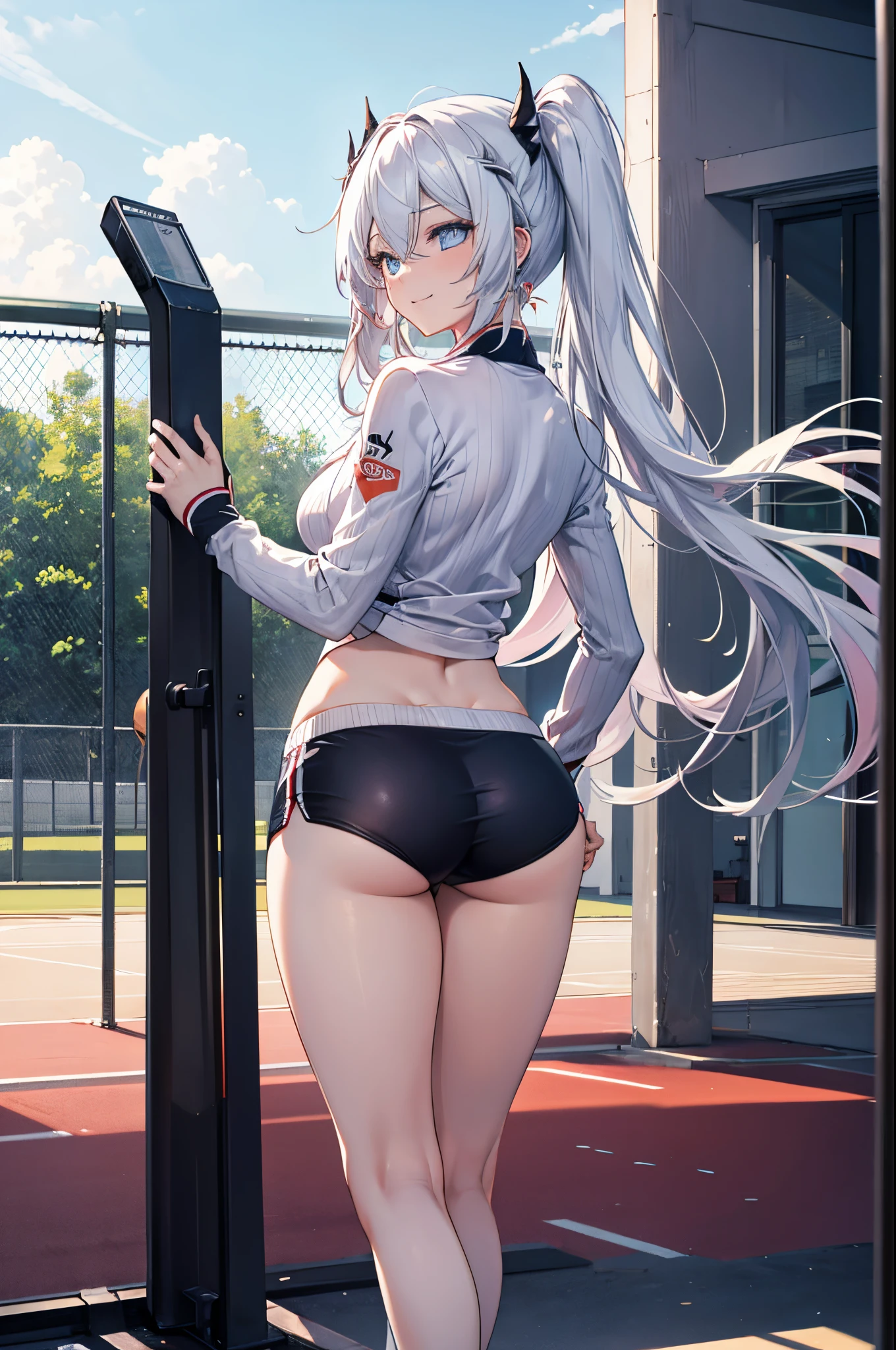 Realistic image, Detailed image, 1 girl (Kiana Kaslana). Long silky hair, silver hair, blue eyes, long eyelashes. Women's 2 piece short t-shirt, ribbed, seamless, workout, exercise, long sleeve, Sport Minishorts. Large breasts, slim waist, wide hips and thick thighs. smiling. with one leg raised while winking. Arched back. View from below. View from behind. Sports court. Volumetric light. Ambient light.