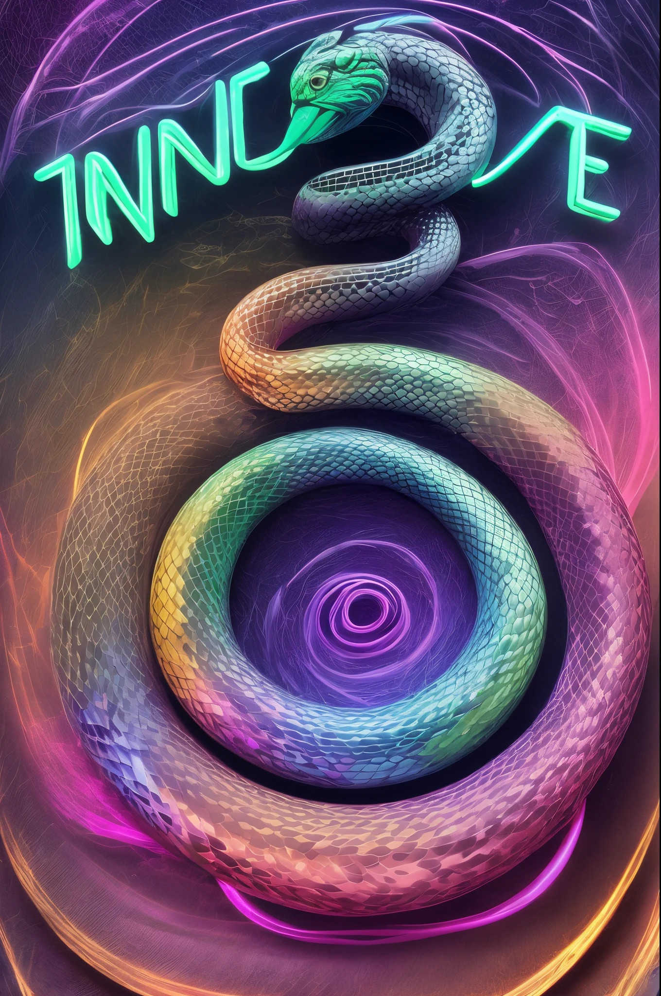 Create me a a long in the color iridescent that say INFINITE DESIGN AUTO STYLING with a snake in the shape of an infinity sign with the font modern