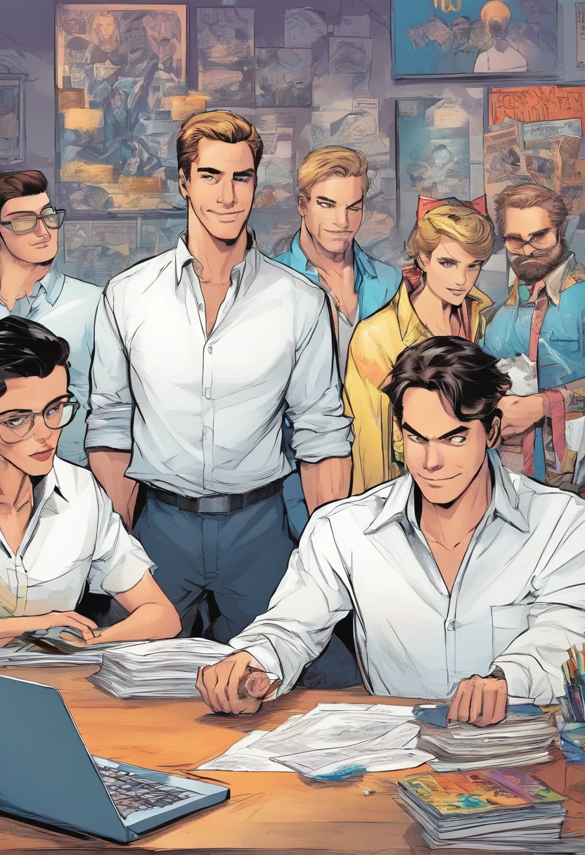 a group of people in white shirts decorate the office