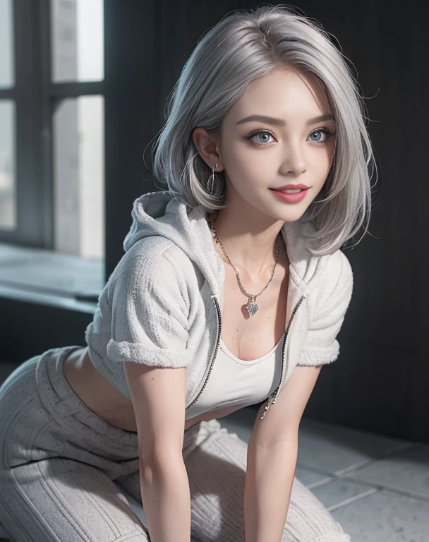 Masterpiece, 8K, photorealistic, ultra realistic, (1girl, solo),
_ 
the most beautiful, European Gravure idol, 24 years old, 170 cm, (((large breasts:1.2))), (((slender waist, toned thighs, toned arms):1.3)), ((small head, small face:1.2)), diamond Face, small nose, (small mouth), Sharp Faceline, 
_ 
BREAK ((all fours)), dynamic angle, from below, cleavage showing, look at viewer, Focus face, 
_ 
(black theme and White), Inorganic, Inorganic concrete studio with window, small window, gray concrete block, highly, blur, blur background, front lightning, Cinematic lighting,
_ 
BREAK ((big eyes, Double eyelid, tareme, droopy eyes):1.3), ((smile, small lips, teeth:1.3)), (mole under eye:1.2), (Perl White teeth), ((gray hair)), short hair, asymmetrical hair, Aqua eyes, light makeup, thin eyebrow, shiny skin, detailed skin, detailed face, perfect eyes, detailed eyes, shiny hair, 
_ 
BREAK (Quilted Puffer Coat with Faux Fur Hood, A knee-length quilted puffer coat in a neutral color like olive or navy, Faux fur-lined hood for added warmth and style, Wear with a chunky knit scarf and knee-high boots for a winter-ready outfit), (silver earring, silver bracelet, silver necklace:1.2), raw photo,,