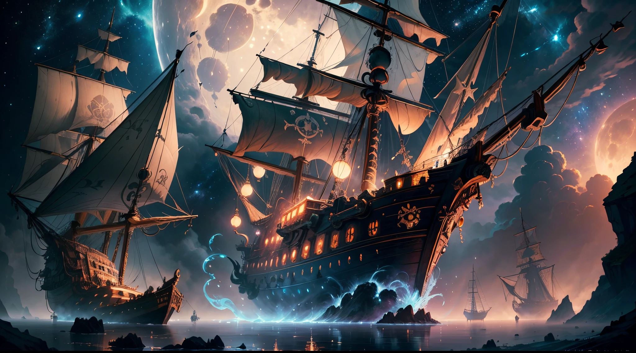 A painting of a flying pirate ship surrounded by small fairies, meteor shower, Clouds, fullmoon, stars on background, Fantasy, Highly detailed digital art in 4K, High quality detail art in 8K, in style of cyril rolando, detailed fantasy digital art, epic fantasy science fiction illustration, amazing wallpapers, inspired by Gaston Bussiere