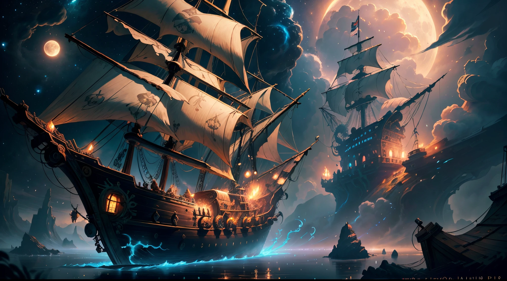 A painting of a flying pirate ship surrounded by small fairies, meteor shower, Clouds, fullmoon, stars on background, Fantasy, Highly detailed digital art in 4K, High quality detail art in 8K, in style of cyril rolando, detailed fantasy digital art, epic fantasy science fiction illustration, amazing wallpapers, inspired by Gaston Bussiere