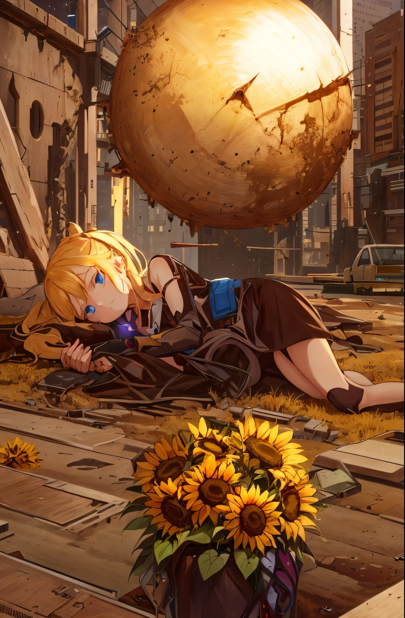 Visualize the girl with blue eyes, wearing round glasses, her blonde hair in side twintails fallen and resting on her shoulders. She lies in a thoroughly destroyed cyberpunk environment where the night stars are concealed by the incessant glow of futuristic vehicles and aircraft. In her hand, she holds a lone sunflower, forcibly removed by someone. Her gaze is neutral, slightly melancholic, yet deeply contemplative. In the chaotic and ravaged setting, the girl stands out against the lost natural beauty. The remnants of the sunflower, once a radiant symbol of hope, now rest in her hands, torn away by unkind hands. Her blue eyes reflect a conscious sadness for the loss, while the round glasses add a touch of vulnerability to her expression. The absence of nighttime stars is replaced by the artificial and frenetic glow of vehicles and aircraft, encapsulating the desolate and futuristic atmosphere. The girl, lying amid this devastated landscape, cradles the lone sunflower with an expression that transcends sorrow, conveying profound reflection on the fragility of nature in a world corroded by technology and destruction. The scene is purposefully centered around the presence of just one sunflower, emphasizing its singular significance in her hands.