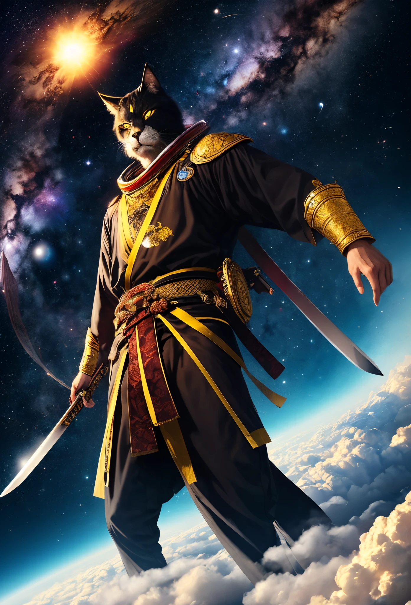 One man with glowing yellow eyes holding two golden katanas floating above the clouds halfway in earth and space while looking up