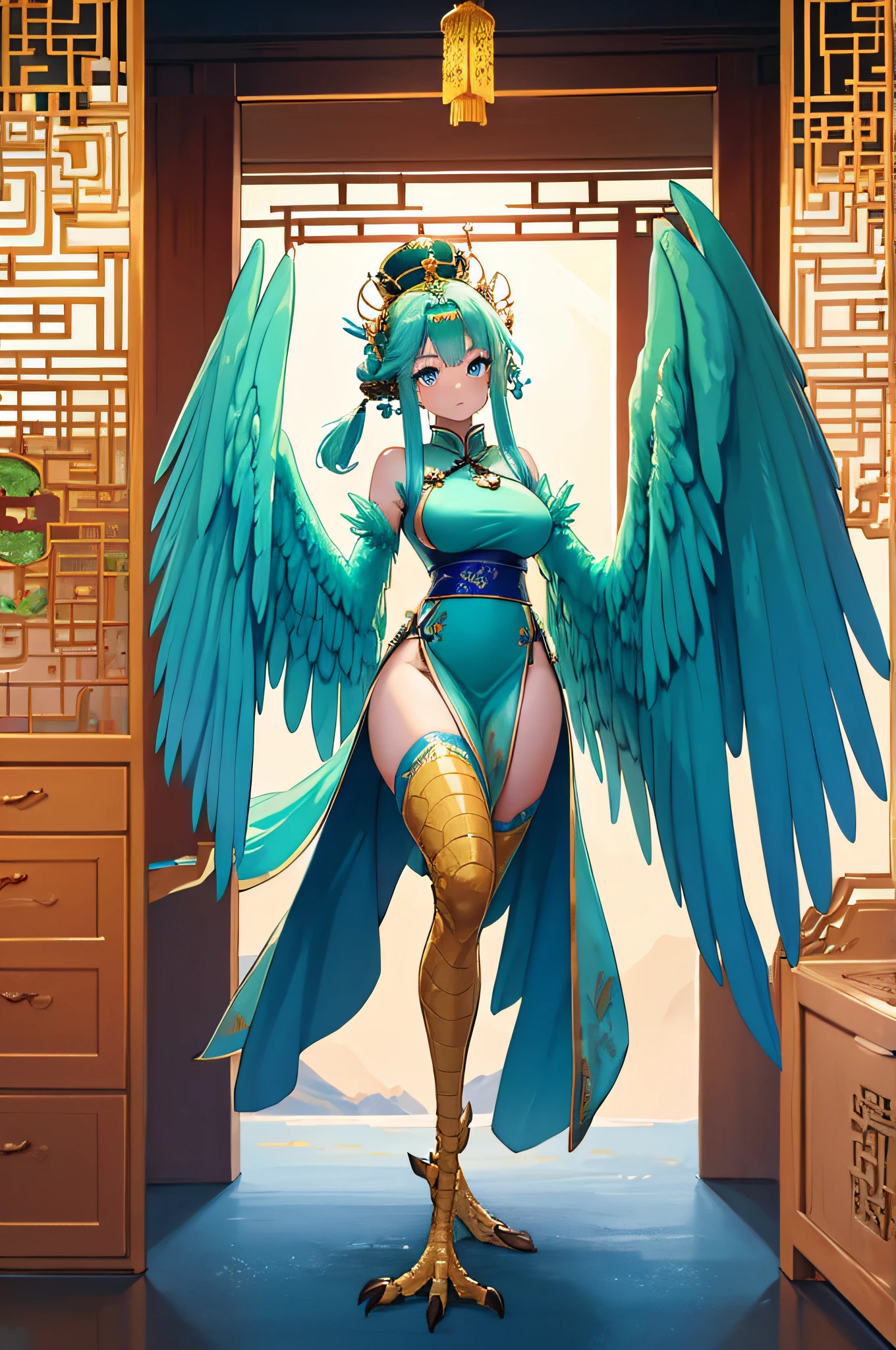 4k,hight resolution,One Woman,harpy,Green hair,poneyTail,Blue eyes,Sexy face,huge tit,snow-white wings,golden toenails,ancient chinese princess,fantasy cheongsam dress,ancient chinese crown,jewel decorations,Inside the royal family