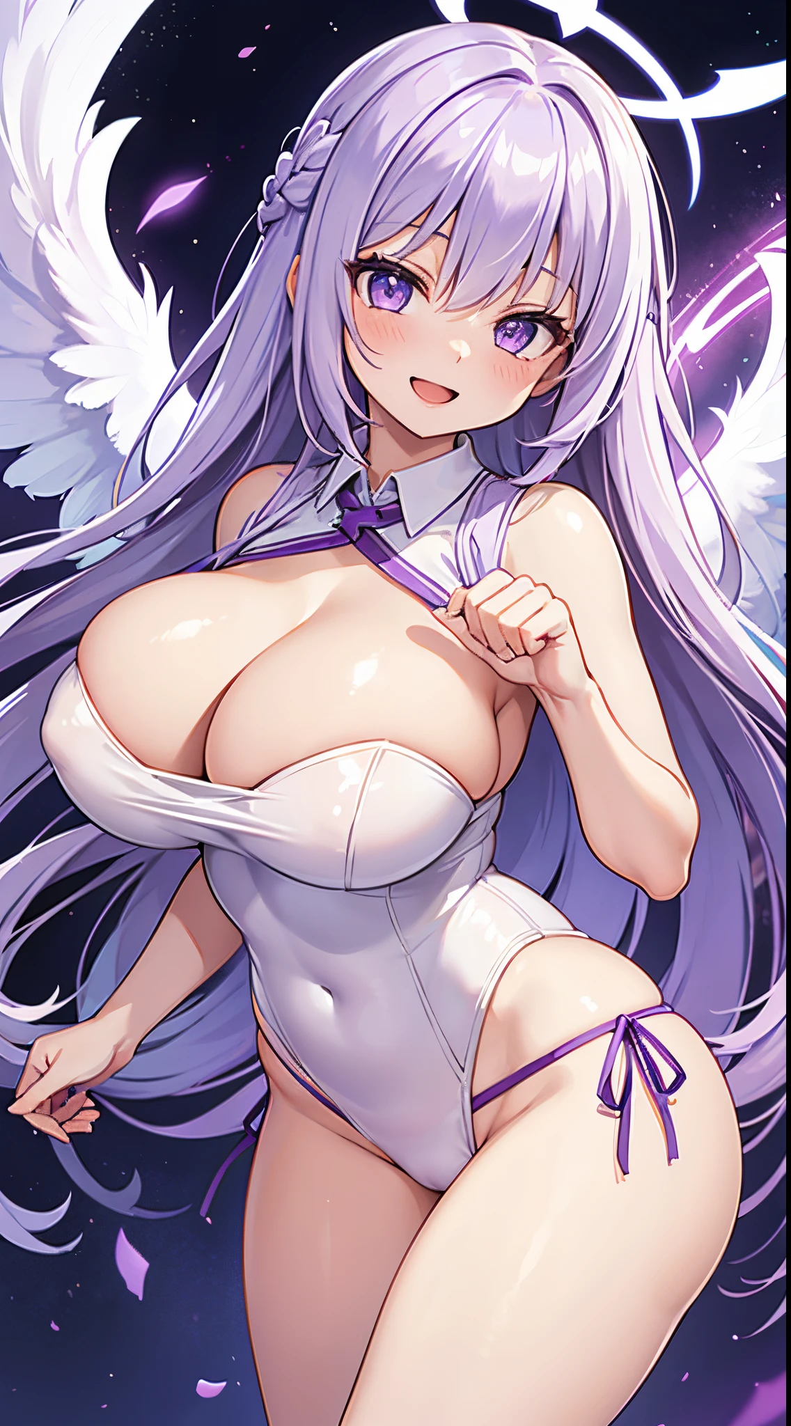 1 girl, game cg, white leotard, cleavage visible, loincloth, angel halo, gigantic breasts, light purple hair, long hair, french braid, purple eyes, folded hands, smile, open mouth, tilt head,