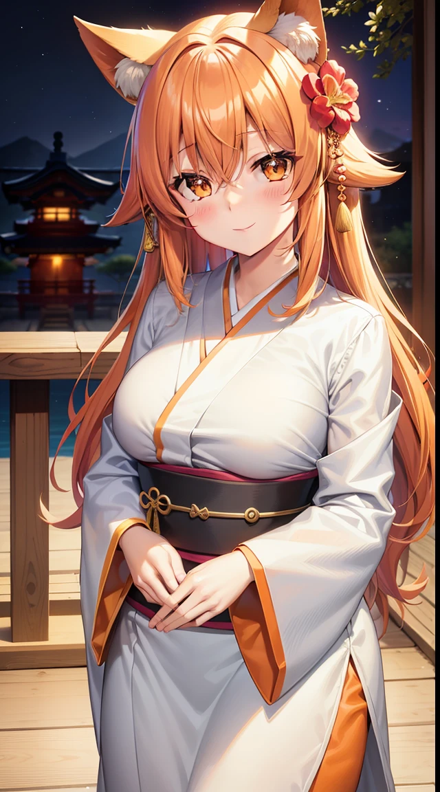 masutepiece, Best Quality, Highly detailed, 1girl in, Solo, (:3:0.9), animal ear fluff, Animal ears, Orange hair, fluffy hair, blush, Brown eyes, flower, Fox ears, Fox Girl, gradient, Gradient background, Hair Flower, Hair Ornament, komono, Kimono, Looking at Viewer, shrine maiden, Smile, Solo, White kimono, Beautiful lighting