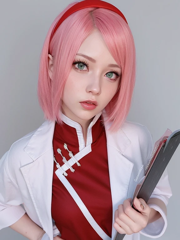 young woman, pale skin, short bubblegum pink hair, jade green eyes, red lips, red clothes, Sakura Haruno, realism, 3d