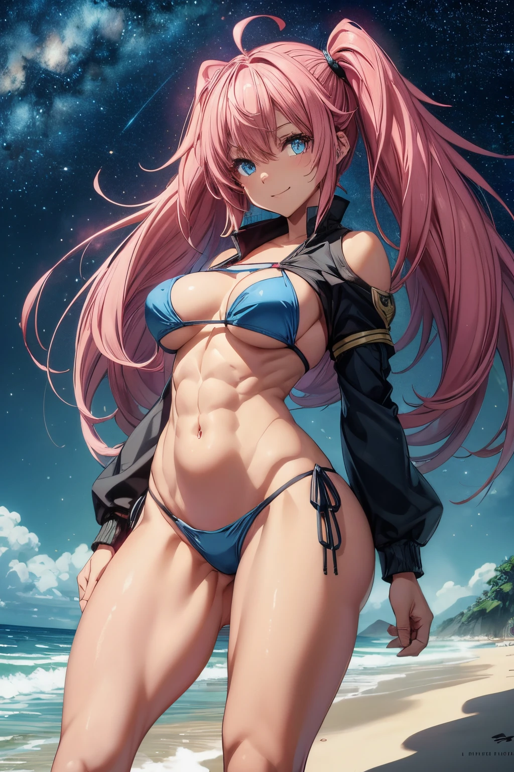 1 girl, (medium breasts))) (((big ass))), (pretty smile), (((wearing short bikini))), (long pink hair), (((blue eyes))), (in beach at night with starry sky and full blood moon), (slim waist), (large waist), (thin and muscular legs), muscular belly, bare feet, (stand upright), double tails, glowing eyes, eye reflection , bad mood, anime, anime style, ray tracing, shine, drop shadow, panorama, Sony FE, 8k, Uhard disk, master piece, accurate, anatomically correct, Super Detail, best quality, very high resolution, hard disk, 16k