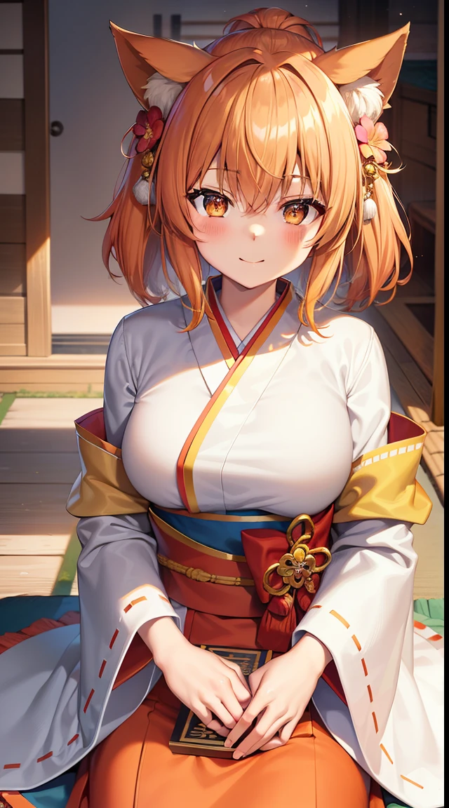 masutepiece, Best Quality, Highly detailed, 1girl in, Solo, (:3:0.9), animal ear fluff, Animal ears, Orange hair, fluffy hair, blush, Brown eyes, flower, Fox ears, Fox Girl, gradient, Gradient background, Hair Flower, Hair Ornament, komono, Kimono, Looking at Viewer, shrine maiden, Smile, Solo, White kimono, Beautiful lighting