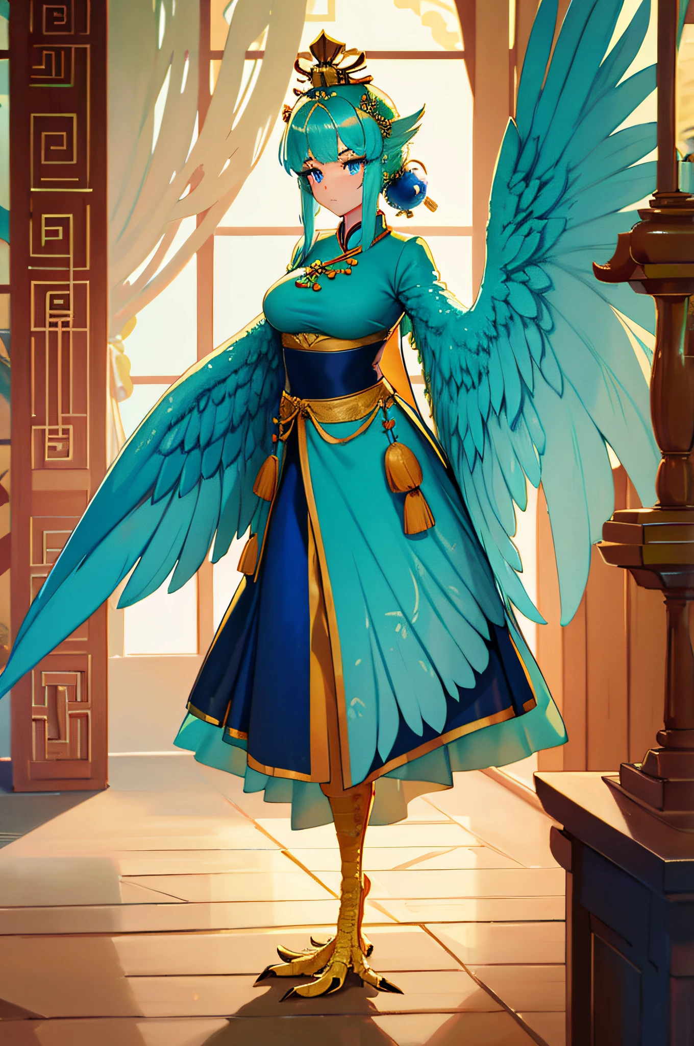 4k,hight resolution,One Woman,harpy,Green hair,poneyTail,Blue eyes,Sexy face,huge tit,snow-white wings,golden toenails,ancient chinese princess,fantasy cheongsam dress,ancient chinese crown,jewel decorations,Inside the royal family