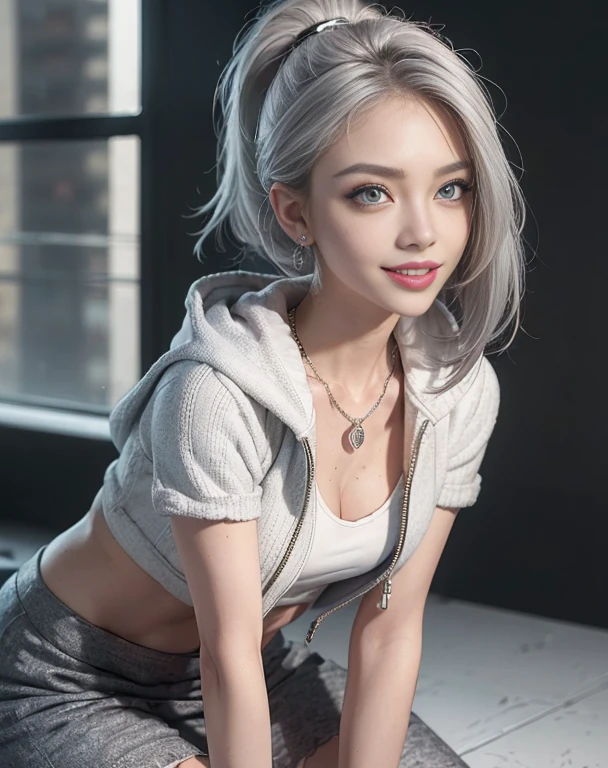 Masterpiece, 8K, photorealistic, ultra realistic, (1girl, solo),
_ 
the most beautiful, European Gravure idol, 24 years old, 170 cm, (((large breasts:1.2))), (((slender waist, toned thighs, toned arms):1.3)), ((small head, small face:1.2)), diamond Face, small nose, (small mouth), Sharp Faceline, 
_ 
BREAK ((all fours)), dynamic angle, from below, cleavage showing, look at viewer, Focus face, 
_ 
(black theme and White), Inorganic, Inorganic concrete studio with window, small window, gray concrete block, highly, blur, blur background, front lightning, Cinematic lighting,
_ 
BREAK ((big eyes, Double eyelid, tareme, droopy eyes):1.3), ((smile, small lips, teeth:1.3)), (mole under eye:1.2), (Perl White teeth), ((gray hair)), short hair, asymmetrical hair, (ponytail),Aqua eyes, light makeup, thin eyebrow, shiny skin, detailed skin, detailed face, perfect eyes, detailed eyes, shiny hair, 
_ 
BREAK (Quilted Puffer Coat with Faux Fur Hood, A knee-length quilted puffer coat in a neutral color like olive or navy, Faux fur-lined hood for added warmth and style, Wear with a chunky knit scarf and knee-high boots for a winter-ready outfit), (silver earring, silver bracelet, silver necklace:1.2), raw photo,,