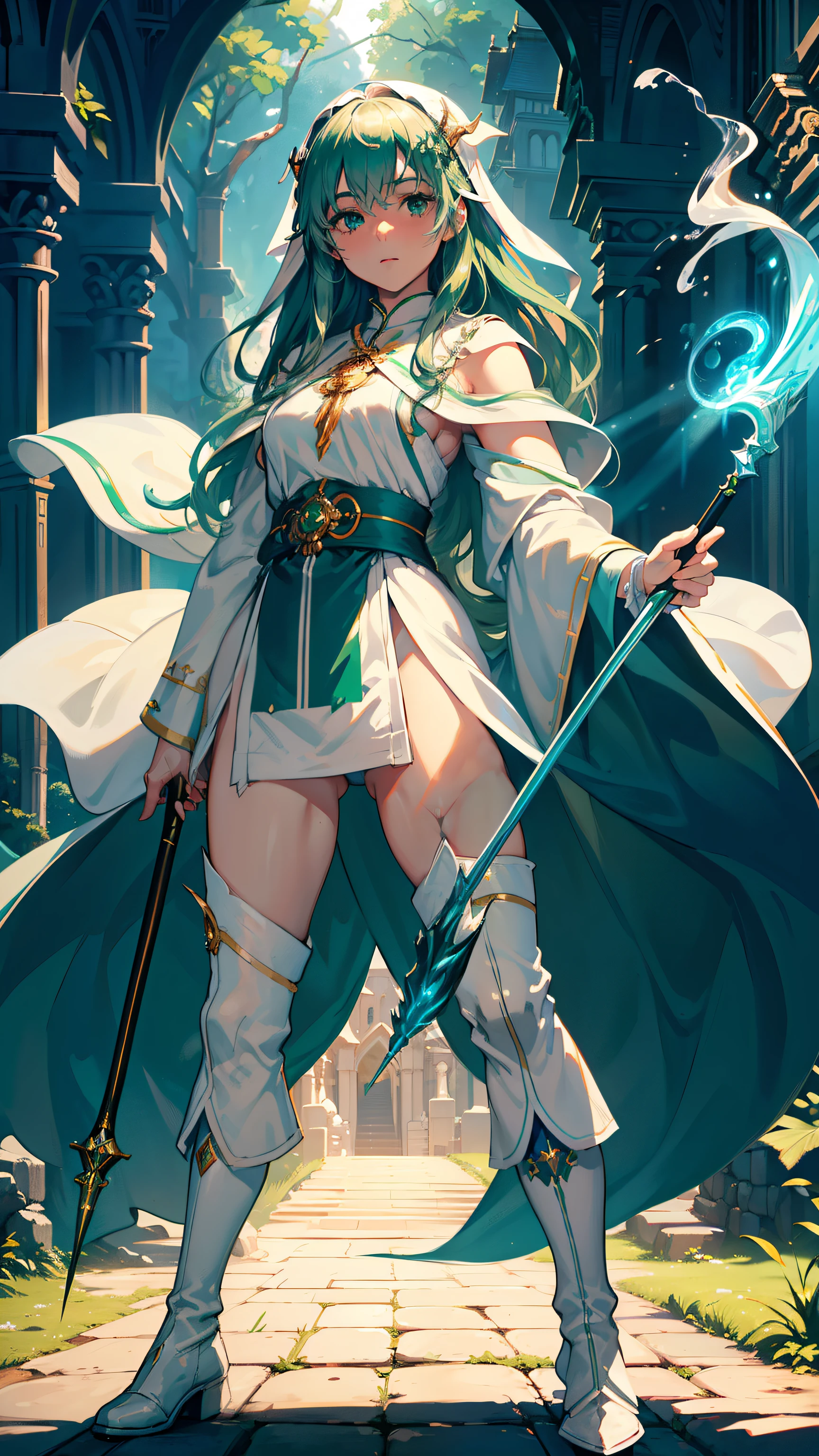 masterpiece, ultra detailed, 8k portrait, RAW photo, portrait photography, Highly detailed face, beautiful and meticulous eyes, ((Fantasy)), Young beautiful, (((Female priest))), (((((spread legs standing))))), (light blue Wavy long hair)), Gentle face, White skin, (((green and white silk priest robes))) Fluttering in the wind, wide pants, Leather boots, ((((equip a magic wand)))), Midday Sun, Hyper realistic, Body model, Small breasts, Beautiful breasts, Long legs, in the medieval adventurer's guild, Ambient lighting, Shadow details, Camera focus on face, strong breeze, Light fog