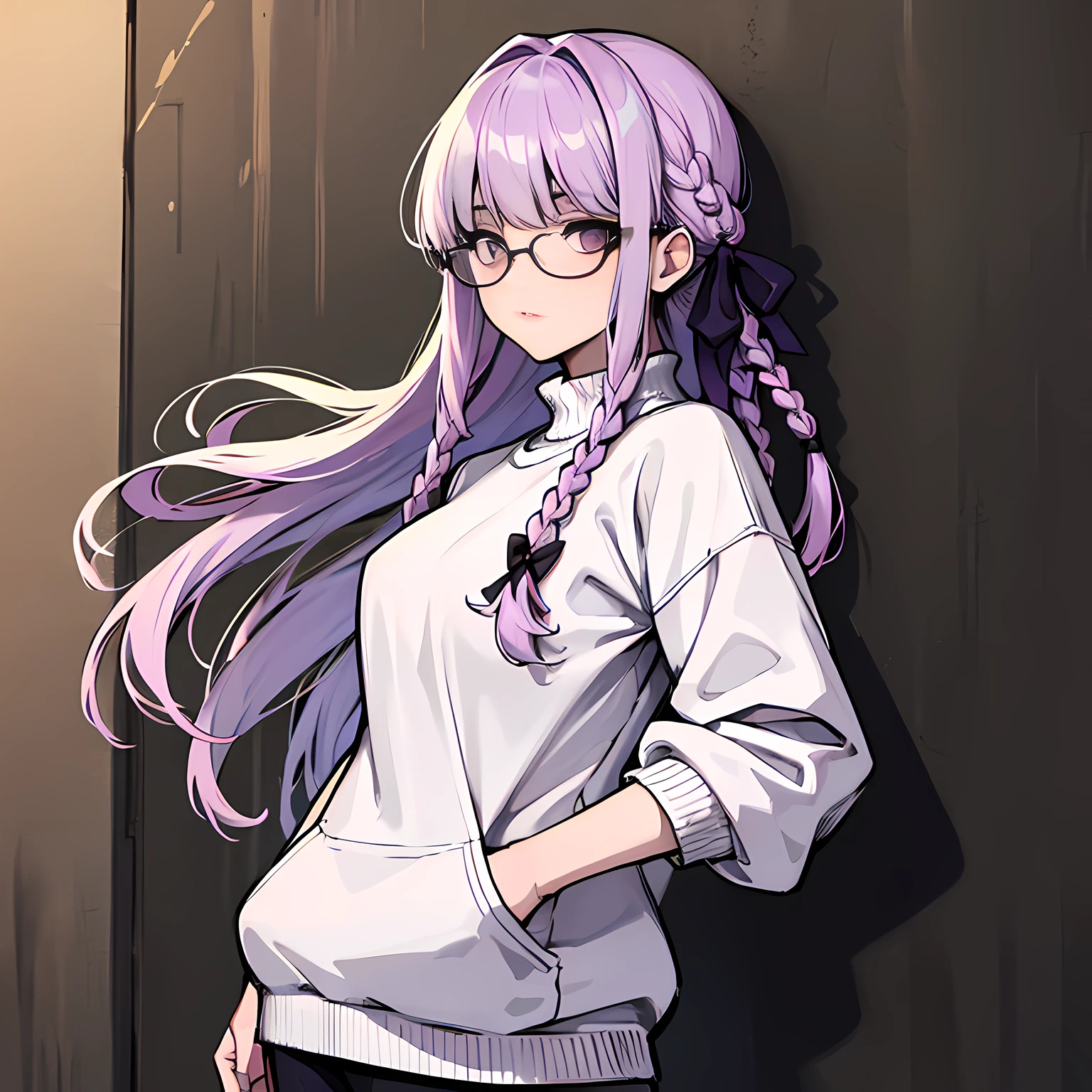 (absurdres, 8k, 4k, masterpiece, hyper extreme detailed:1.2), solo, front view portrait, best quality, portrait, solo, adult, cowboyshot, perfect anatomy, 1girl, perfect face, expressive eyes, perfect eyes, t-shirt, standing up, standing against wall, standing, kyoko kirigiri, (braid:1.1), hair behind ear, long hair, (side braid:1.1), light purple hair, hair ribbon, ribbon, (purple eyes:1.1), sweater, casualwear, glasses half body, dynamic pose, forward view, looking at viewer, stoic, uninterested, medium bust, hands in pockets, aakyoko, long hair, purple hair, side braid, blunt bangs, hair ribbon, black ribbon, perfect eyes, perfect face,