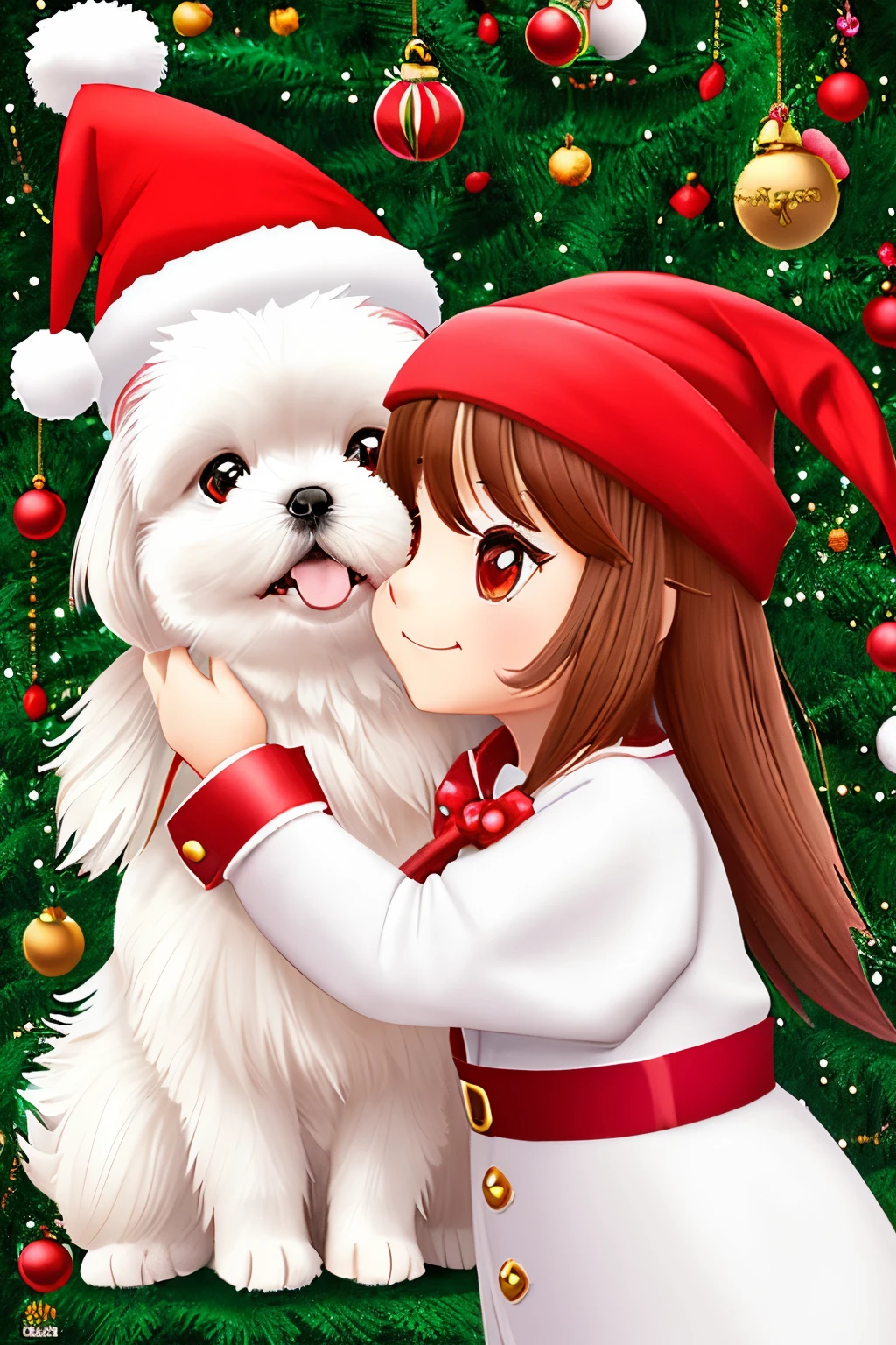 3D vector art、Colorful cute white pekingese dog、dog is wearing a christmas hat、dog has a bell&#39;Collar、 cute christmas present, dog is fluffy、Ultra-realistic high quality,  Cute and quirky, Fantasy Art, Watercolor effect、little girl hugging a dog
