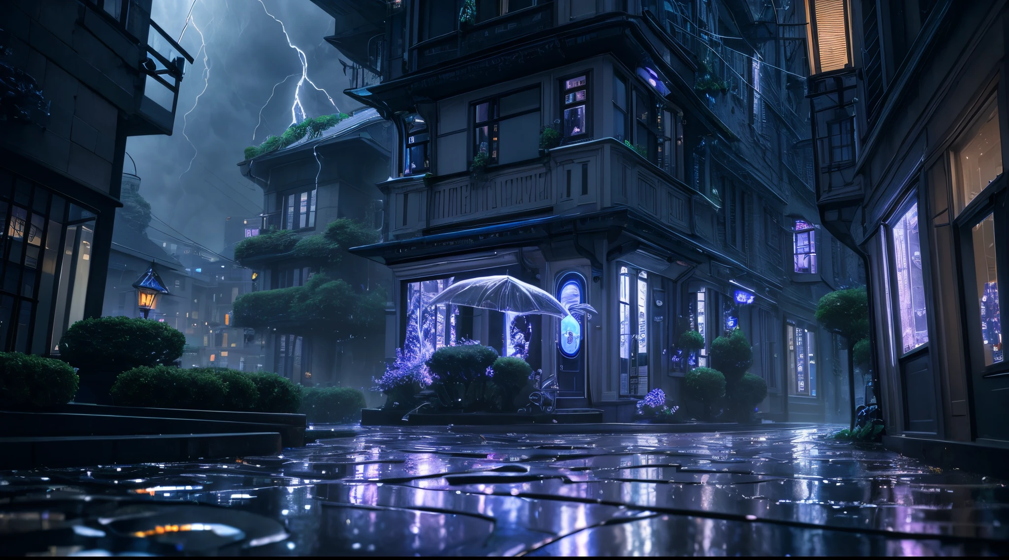 ((Silver Sapphire AI super-detailed abstract street photography)), (Indoors:1.2), bio luminescent, (masutepiece), Realistic, Cinematic Light, thunderstorm, hyper detailed painting, luminism, 4K resolution, fractal isometrics details, (Bioluminescent mushrooms、mosses、vines grow:.4), puddle reflecting thunderstorm, Photographic realism, 3D Rendering, Octane Rendering,