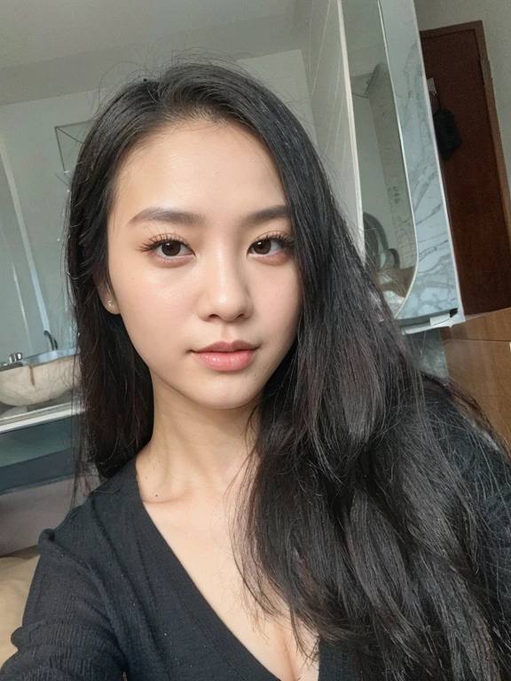 Asian girl former junkie with dark circles dressed in black in modern house