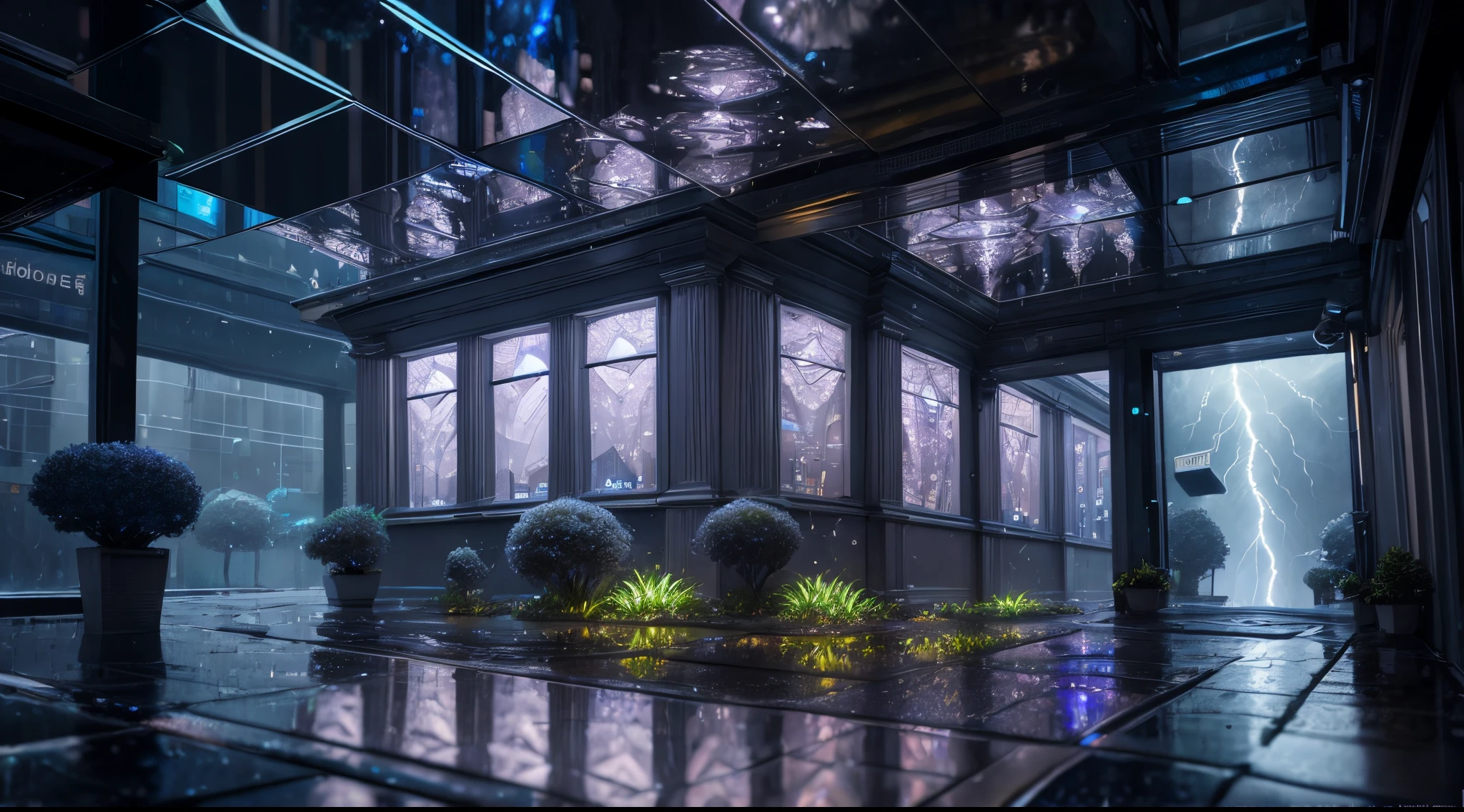 ((Silver Sapphire AI super-detailed abstract street photography)), (Indoors:1.2), bio luminescent, (masutepiece), Realistic, Cinematic Light, thunderstorm, hyper detailed painting, luminism, 4K resolution, fractal isometrics details, (Bioluminescent mushrooms、mosses、vines grow:.4), puddle reflecting thunderstorm, Photographic realism, 3D Rendering, Octane Rendering,