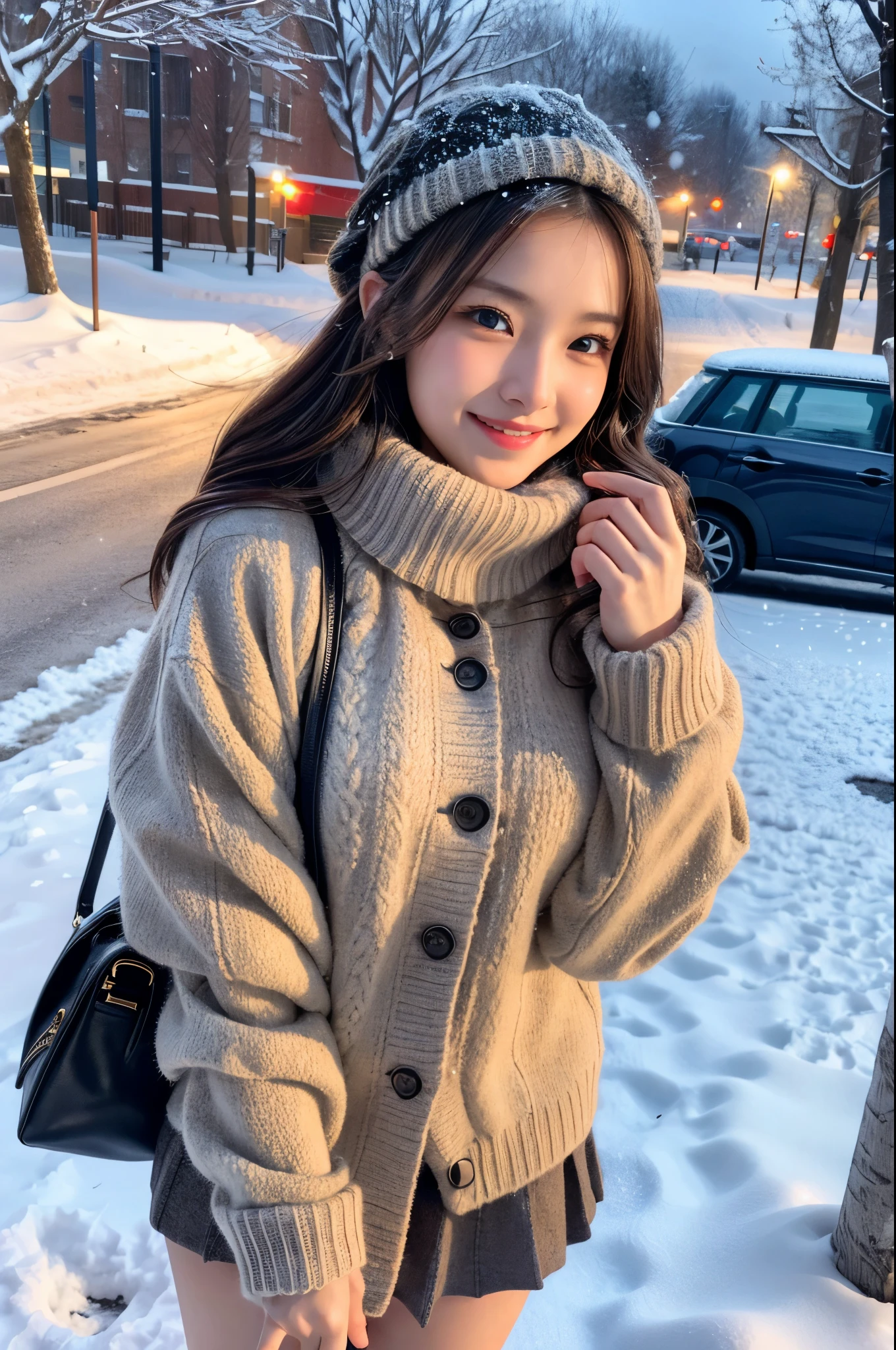 (masutepiece:1.3, Photorealsitic:1.4, 8K), top-quality, masterpiece, 超A high resolution, Perfect dynamic composition, Highly detailed skin and facial texture:1.3, A detailed eye, Detailed limbs, Winters, (snowflakes falling:1.2), Snowfall landscape at night:1.2, 1girl in, Cute sexy 24 year old slim woman, Fair skin, (Snow fell on my body and clothes:1.2), ((A smile:0.9, Totally captivates you:1.0)), (Thick short jacket over long sleeve mohair knit sweater:1.3, Tweed Mini Skirt:1.1), ((voluptuous breasts:1.05)), Short boots, (Facing the front, Sit on the snow), (Beautiful blue eyes, Eyes that feel beautiful eros:0.85), Sexy face:0.4, (A mouthfeel that feels beautiful eros:0.85), ((Too cute beauty:0.9))