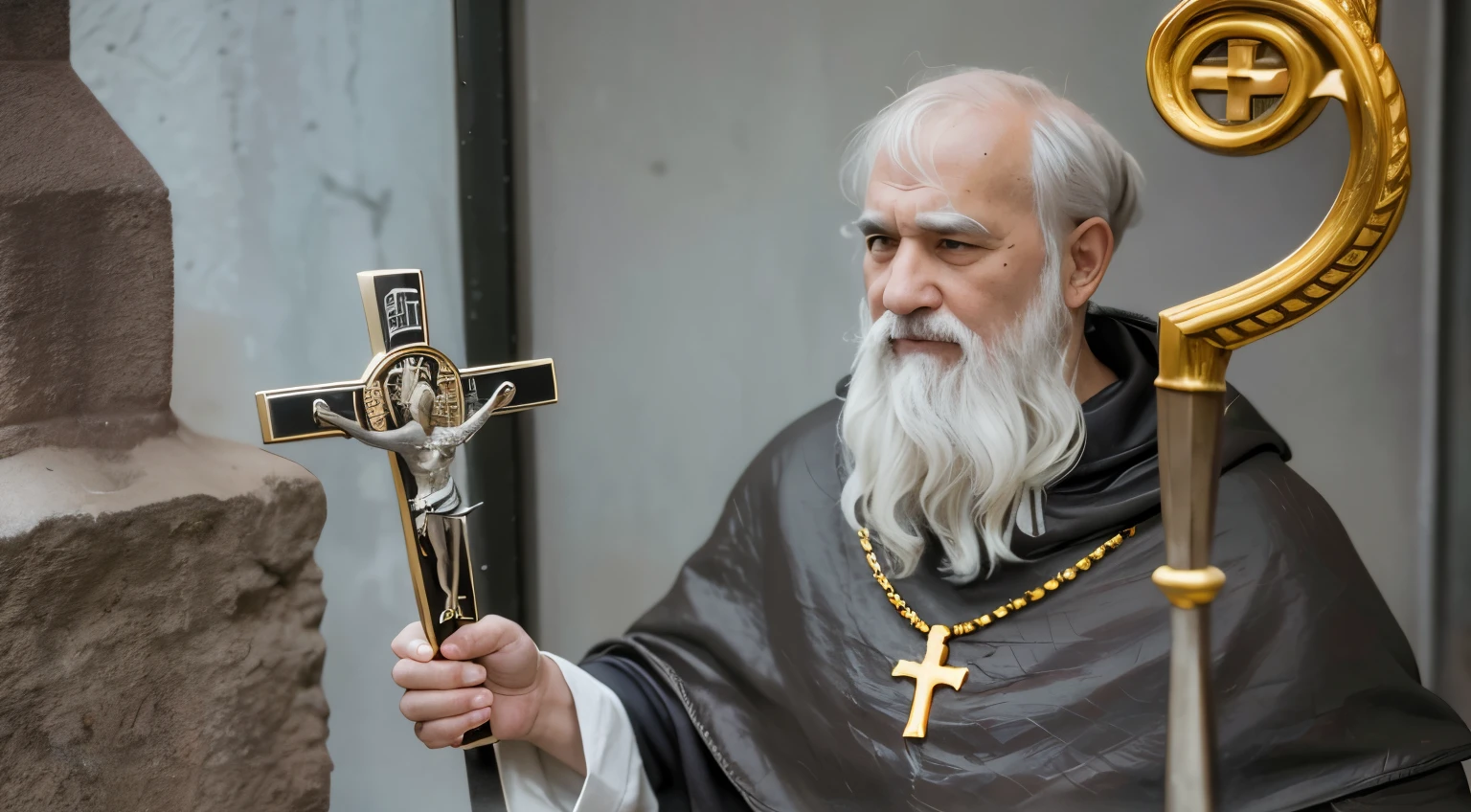 arafficial statue of a man with a cross and a cross, Santo ortodoxo, christian saint rosace, Monge ucraniano, portrait of saint of the pit, christian saint, NPC com um santo\halo do, NPC com halo de santo, santo, santo, imaculadamente detalhado, Catholic, Santo de ouro bonito, saint of the pit, an evil catholic priest