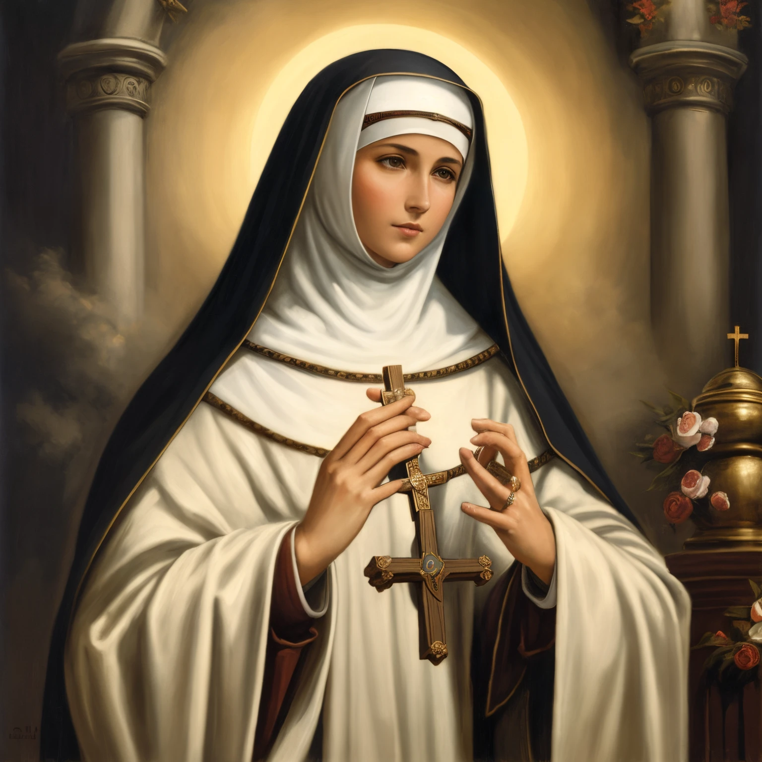 blurred image of a nun holding a cross in her hands, majestosa mulher de santo, agora, santo, Retrato de Hildegard von Bingen, santa mulher, Hildebrandt, mother sarah artist, Retrato gracioso santo, christian saint, padroeiro do 🛸🌈👩🏾, idade, santas mulheres, Santo ortodoxo, Bem Modelo de Moda, pintura de, artista desconhecido