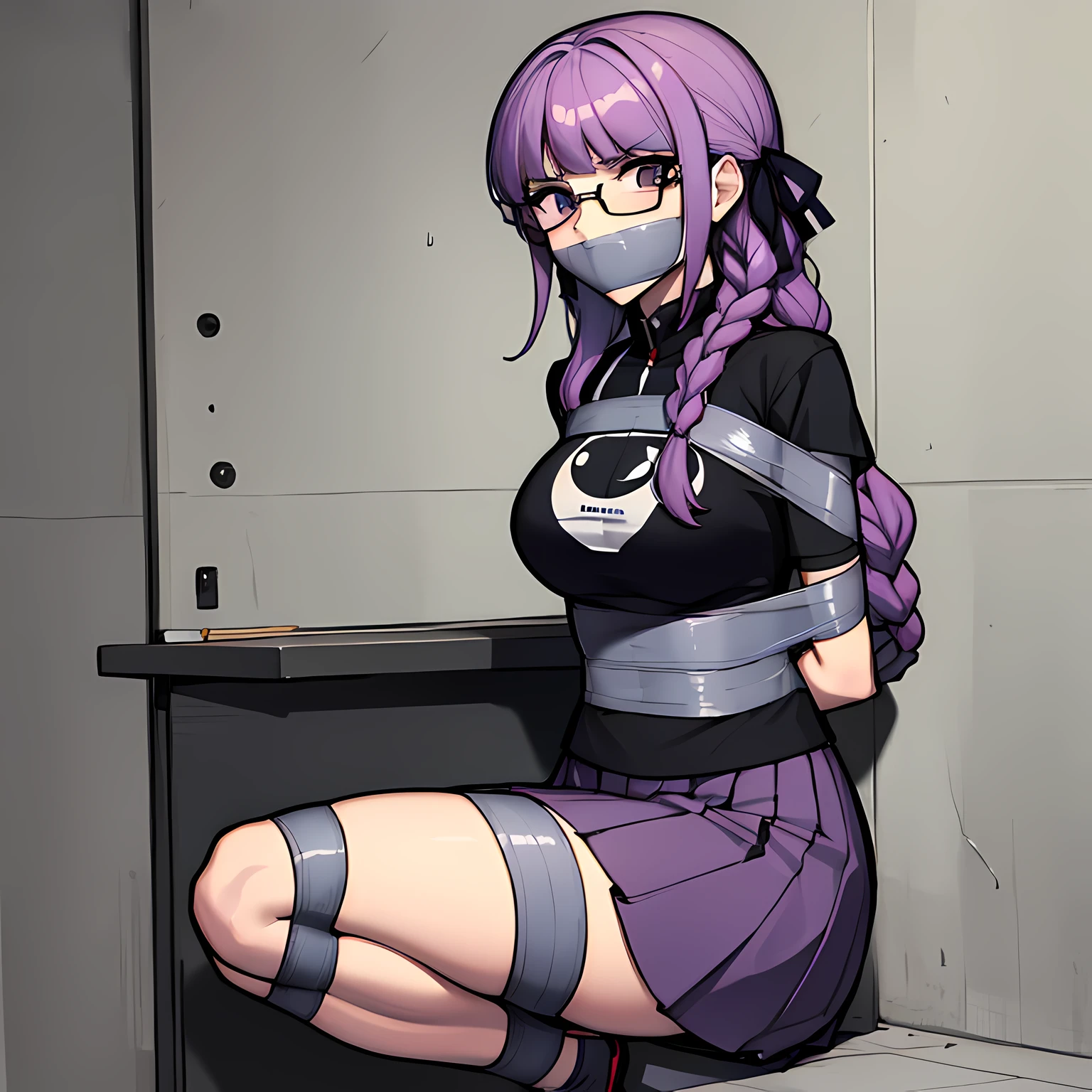 (absurdres, 8k, 4k, masterpiece, hyper extreme detailed:1.2), solo, front view portrait, best quality, portrait, solo, adult, cowboyshot, perfect anatomy, 1girl, perfect face, expressive eyes, perfect eyes, t-shirt, standing up, standing against wall, standing, kyoko kirigiri, (braid:1.1), hair behind ear, long hair, (side braid:1.1), light purple hair, hair ribbon, ribbon, (purple eyes:1.1), graphic t-shirt, casualwear, glasses half body, dynamic pose, forward view, looking at viewer, stoic, uninterested, bound, bondage, (arms behind back:1.4), bdsm, tape gag, tape, tape bondage, close-up, restrained, best anatomy, half body, taped thighs, taped legs, legs together, tape wrapped, wrap gag, tightly bound, tape wrapped around face, standing, aakyoko, long hair, purple hair, side braid, blunt bangs, hair ribbon, black ribbon, danganronpa \(series\), annoyed,