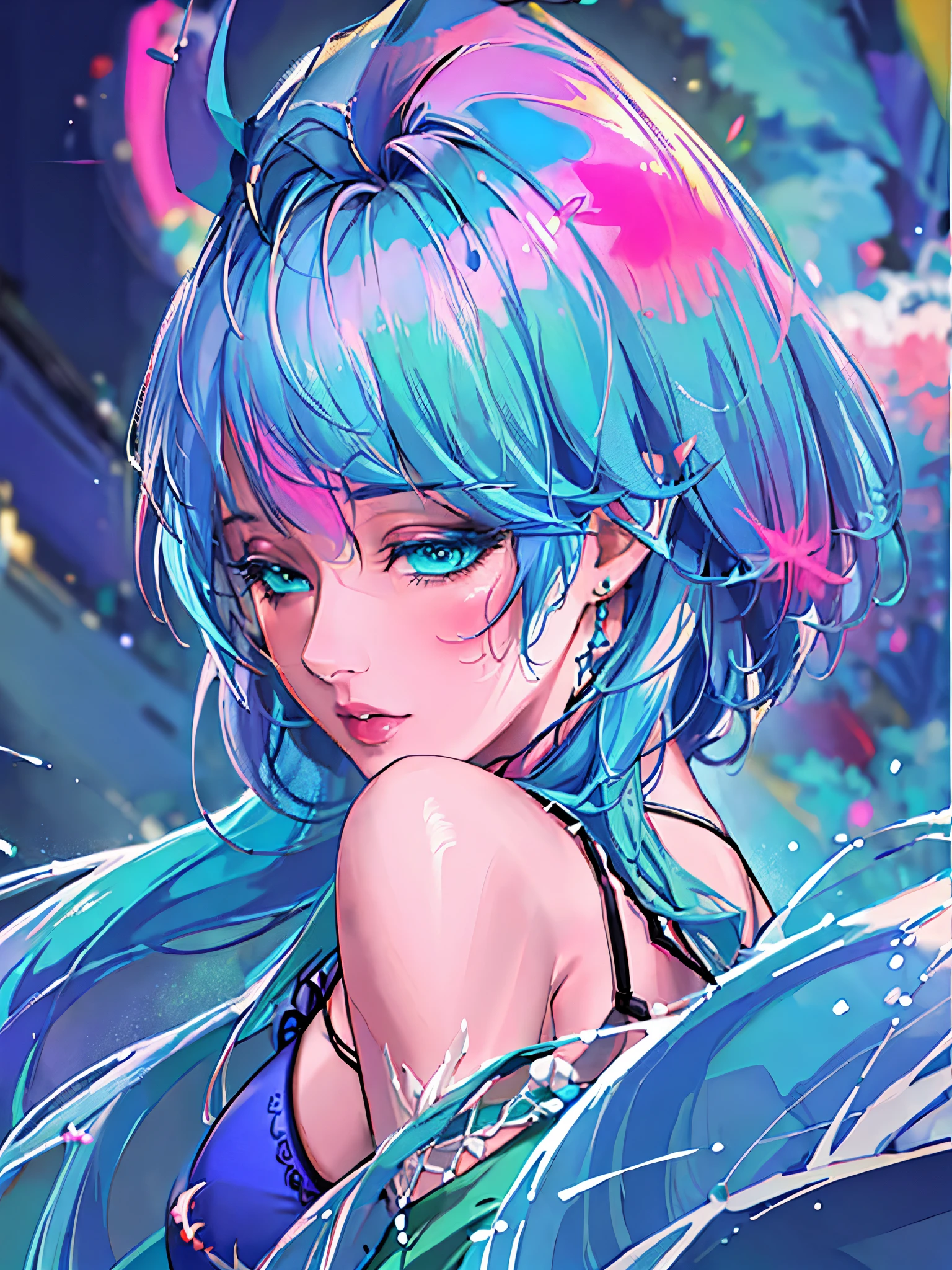 "(best quality,highres:1.2),ultra-detailed,(realistic:1.37),lifestyle scene,(portrait,anime),(full color:1.1),(cyan hair:1.1),(lingerie clothes:1.1),vibrant colors,soft lighting,nature background"