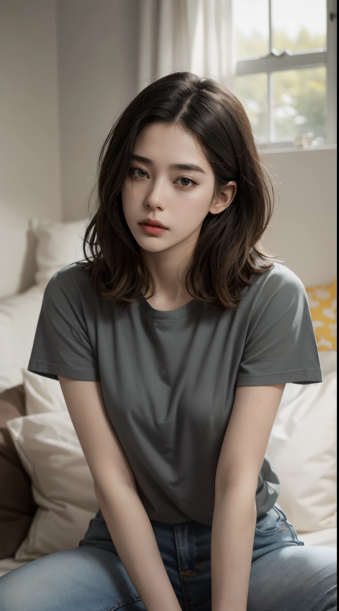 masterpiece, best quality, realistic, highly detailed, 1girl, solo, (body shot), poker face, stylish short hair, black hair, glasses, large breast, ((blank T-shirt)), jeans, Lying in bed, Lips pierced, tatto on neck, beautiful girl, A tomboy face, Flat face without expression, bedroom background, detail eyes, detail hair, perfect lighting